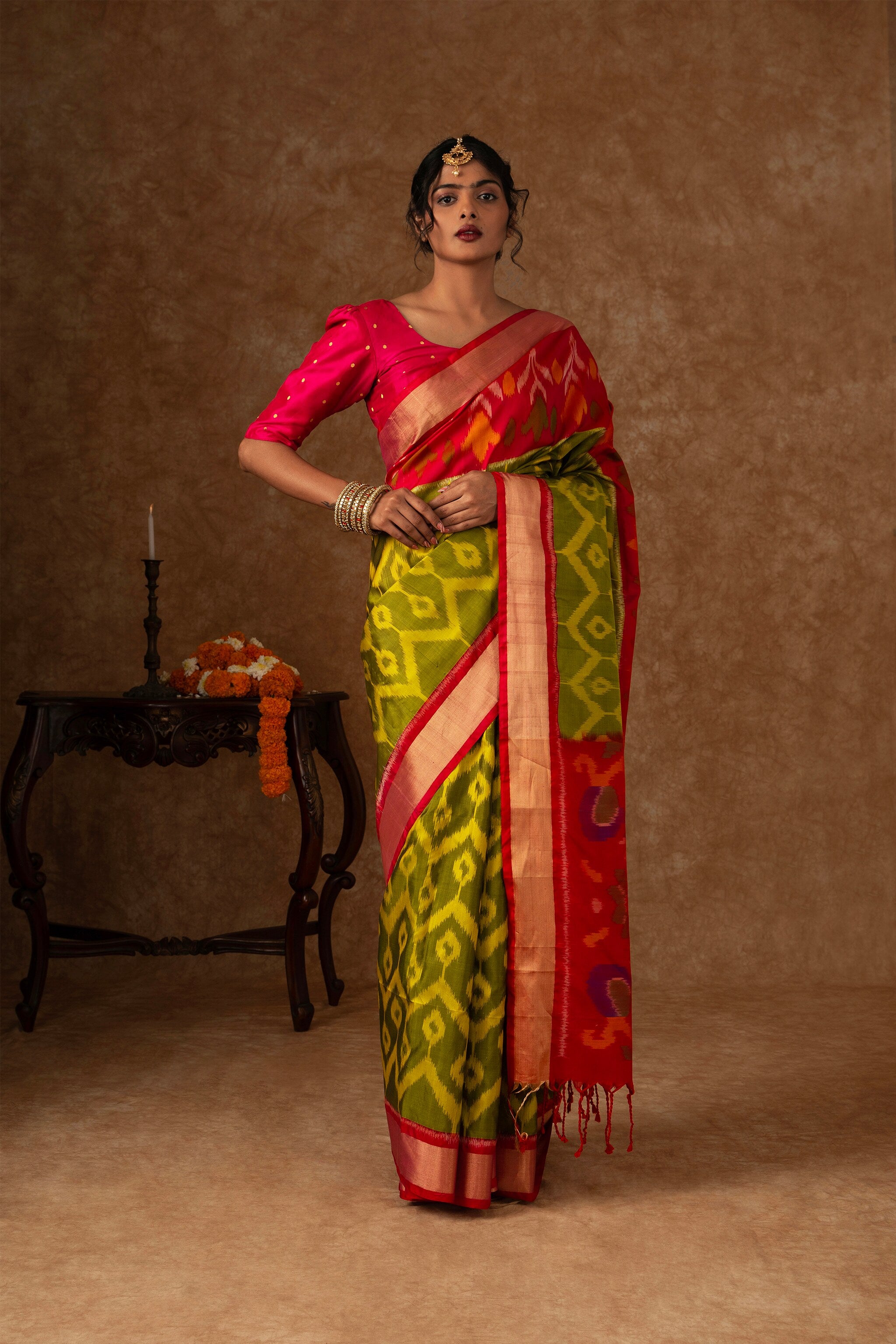 'Harini' Green and Pink Double Warp Ikat Silk Saree