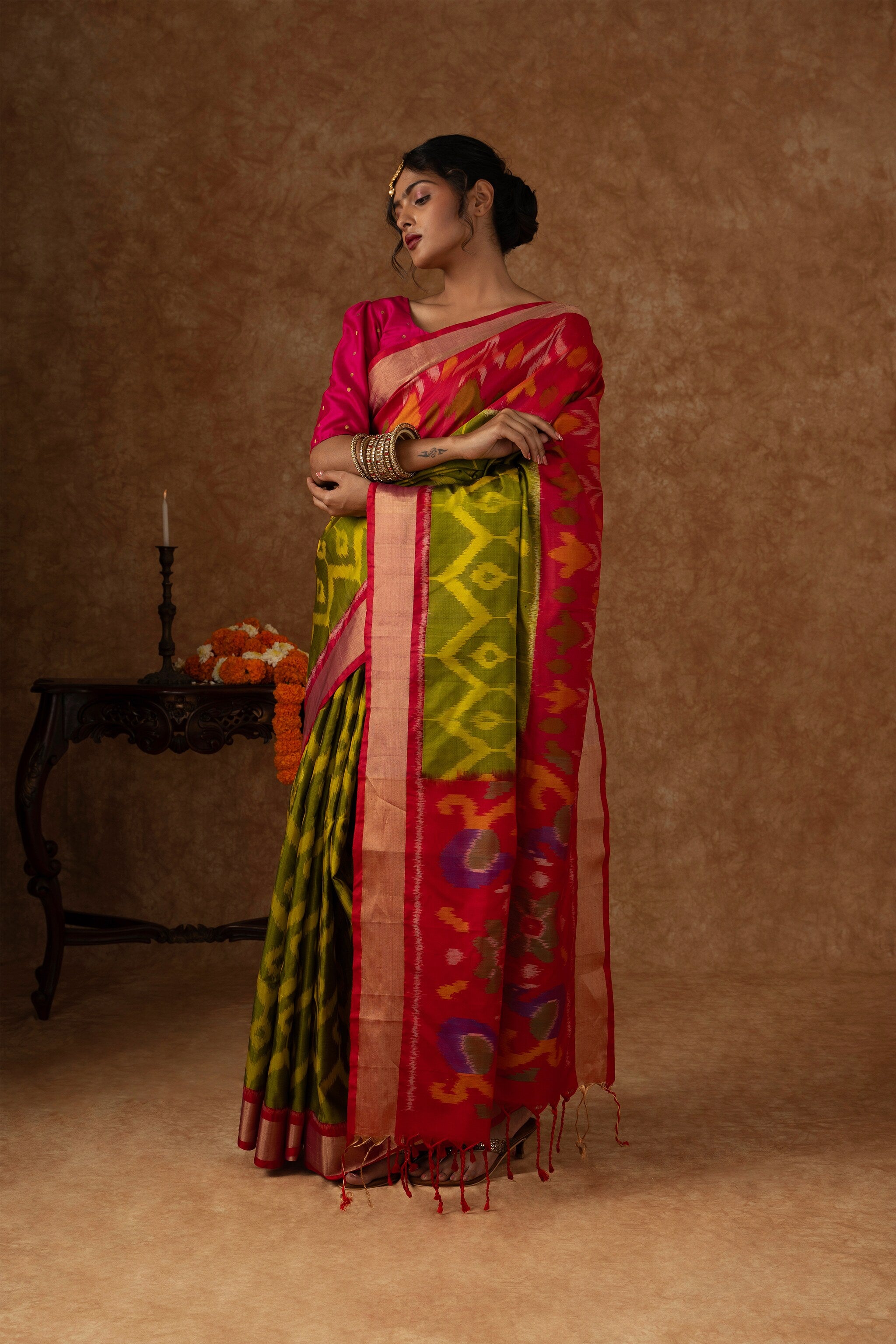 'Harini' Green and Pink Double Warp Ikat Silk Saree
