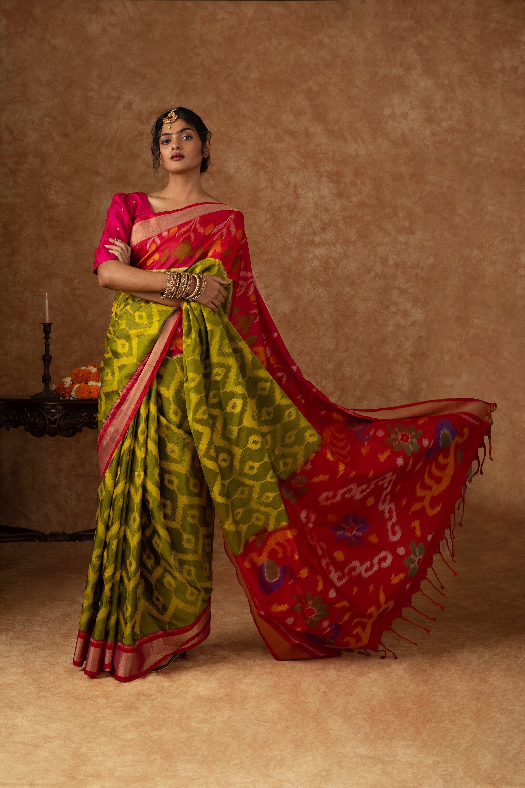 'Harini' Green and Pink Double Warp Ikat Silk Saree