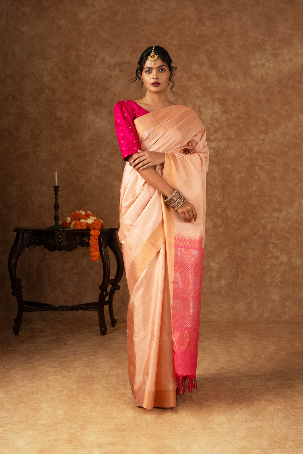'Rudrani' Peach and Pink Kanjeevaram Soft Silk (Double Warp)
