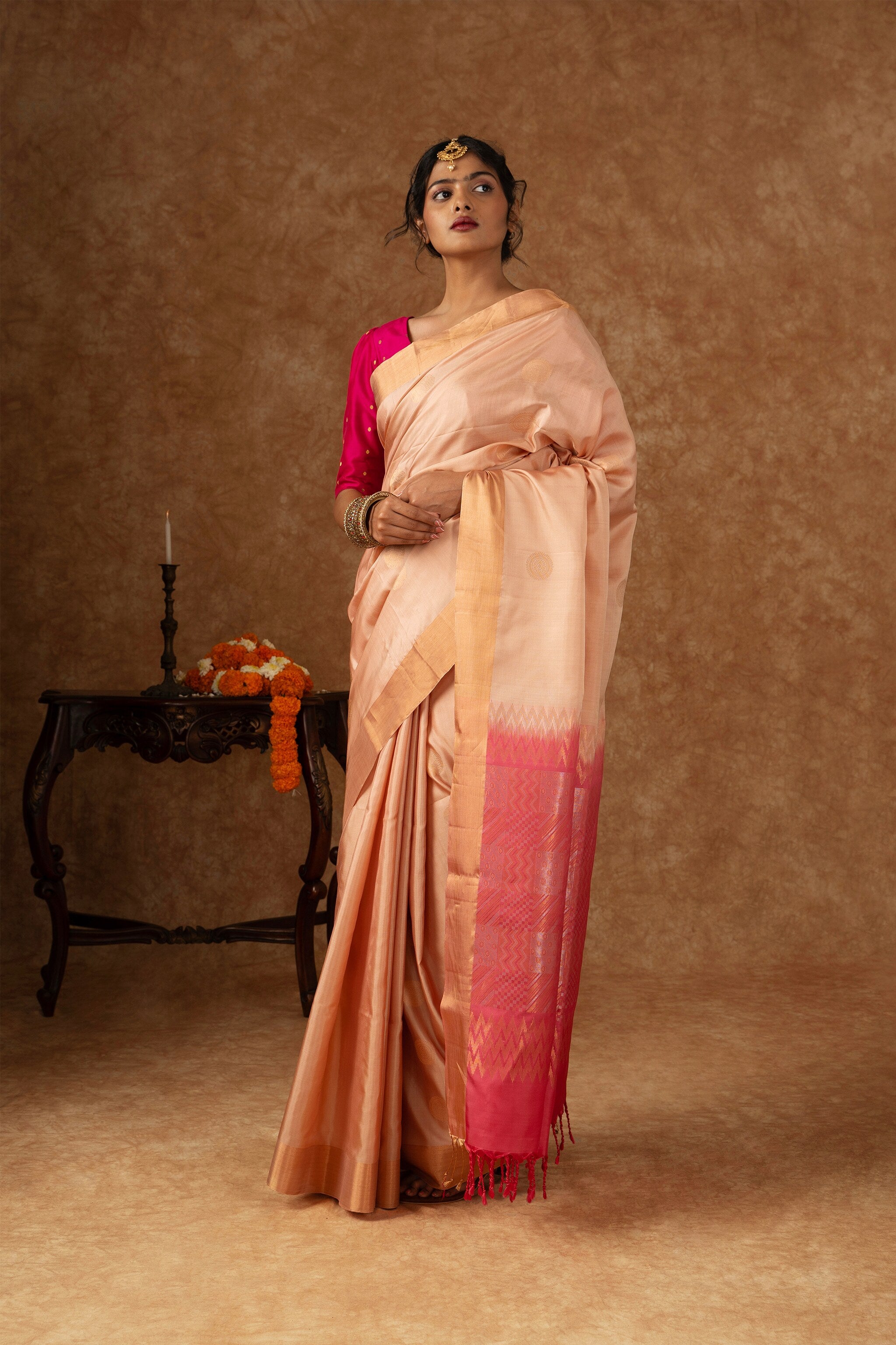 'Rudrani' Peach and Pink Kanjeevaram Soft Silk (Double Warp)