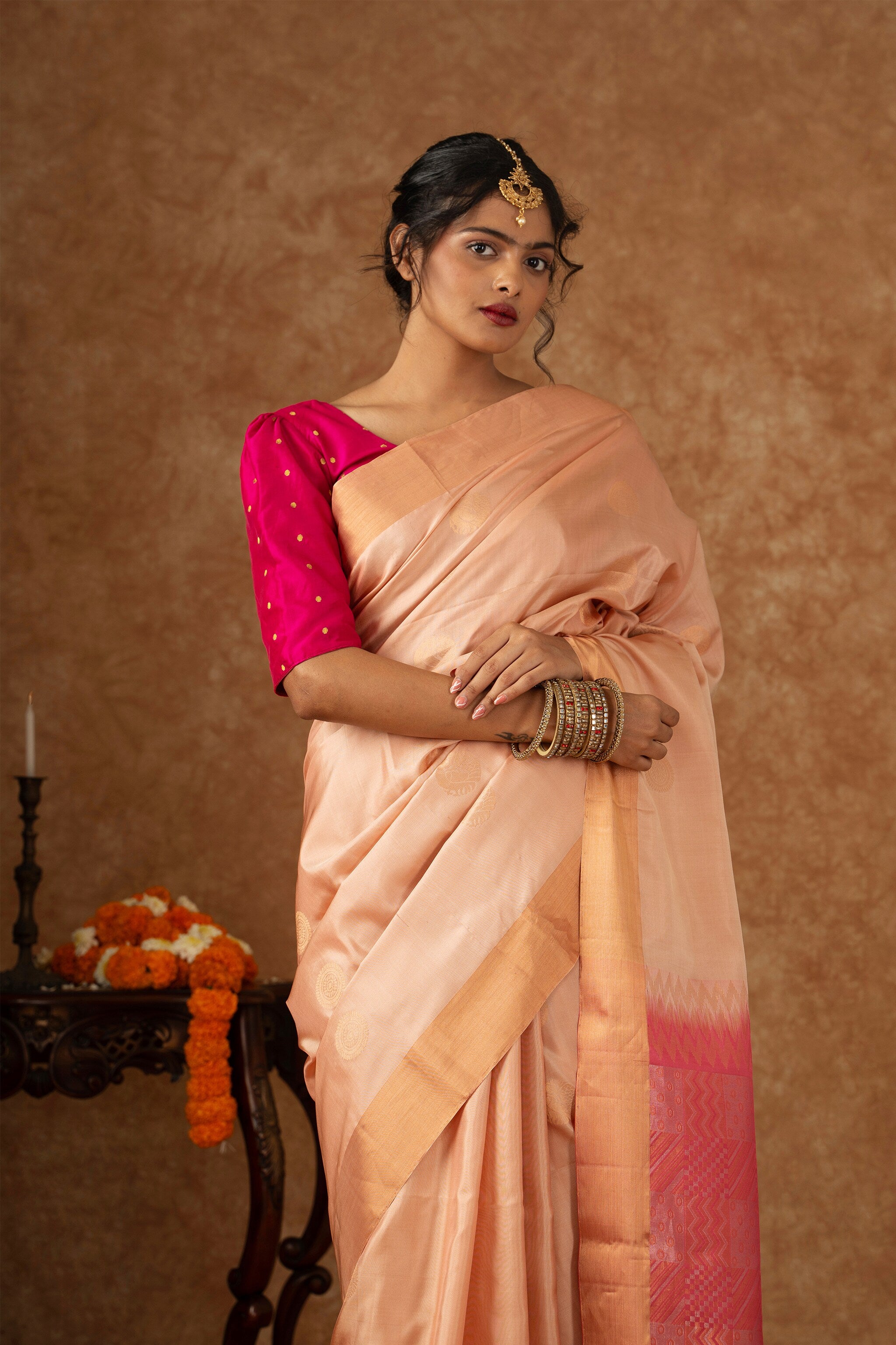 'Rudrani' Peach and Pink Kanjeevaram Soft Silk (Double Warp)