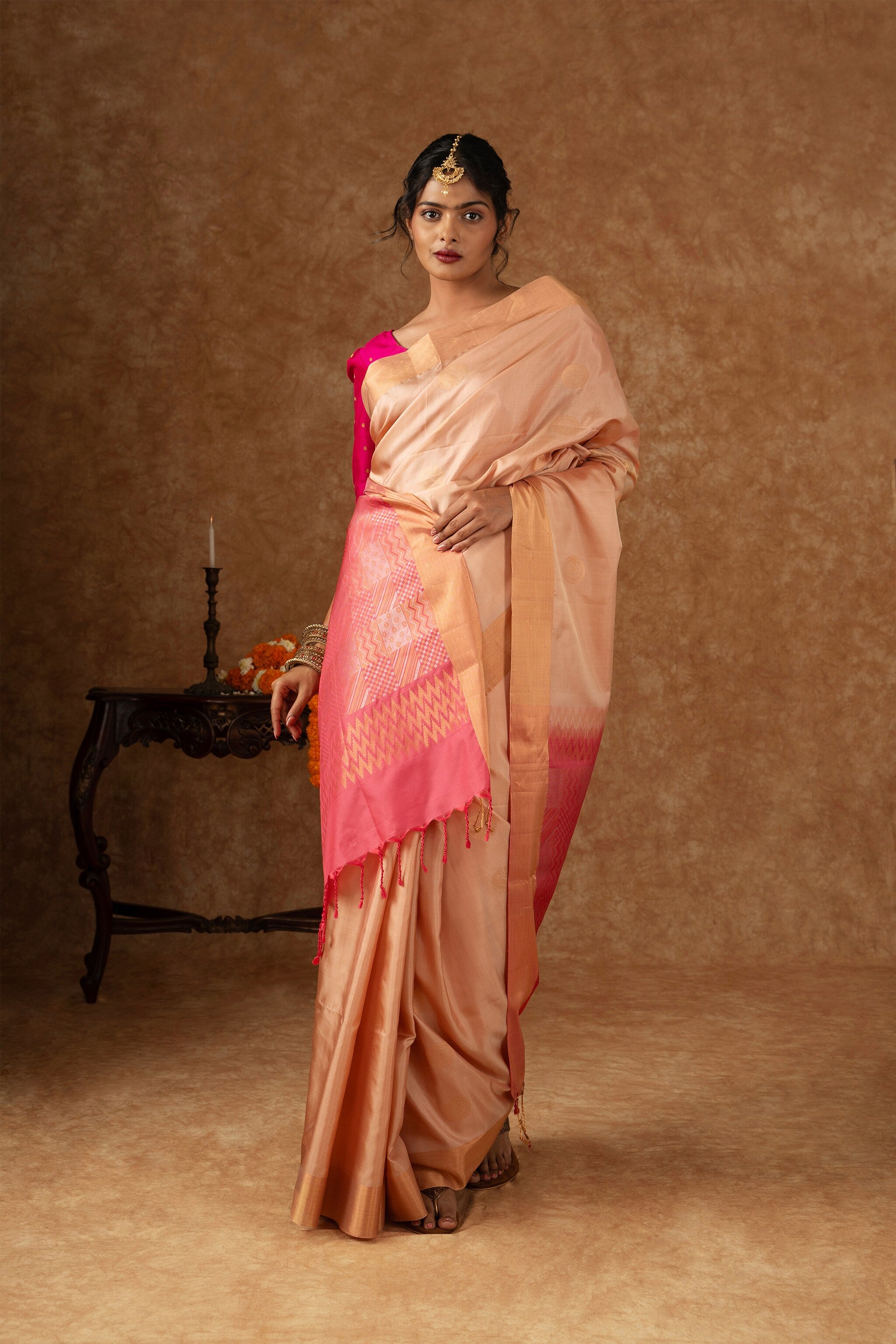 'Rudrani' Peach and Pink Kanjeevaram Soft Silk (Double Warp)