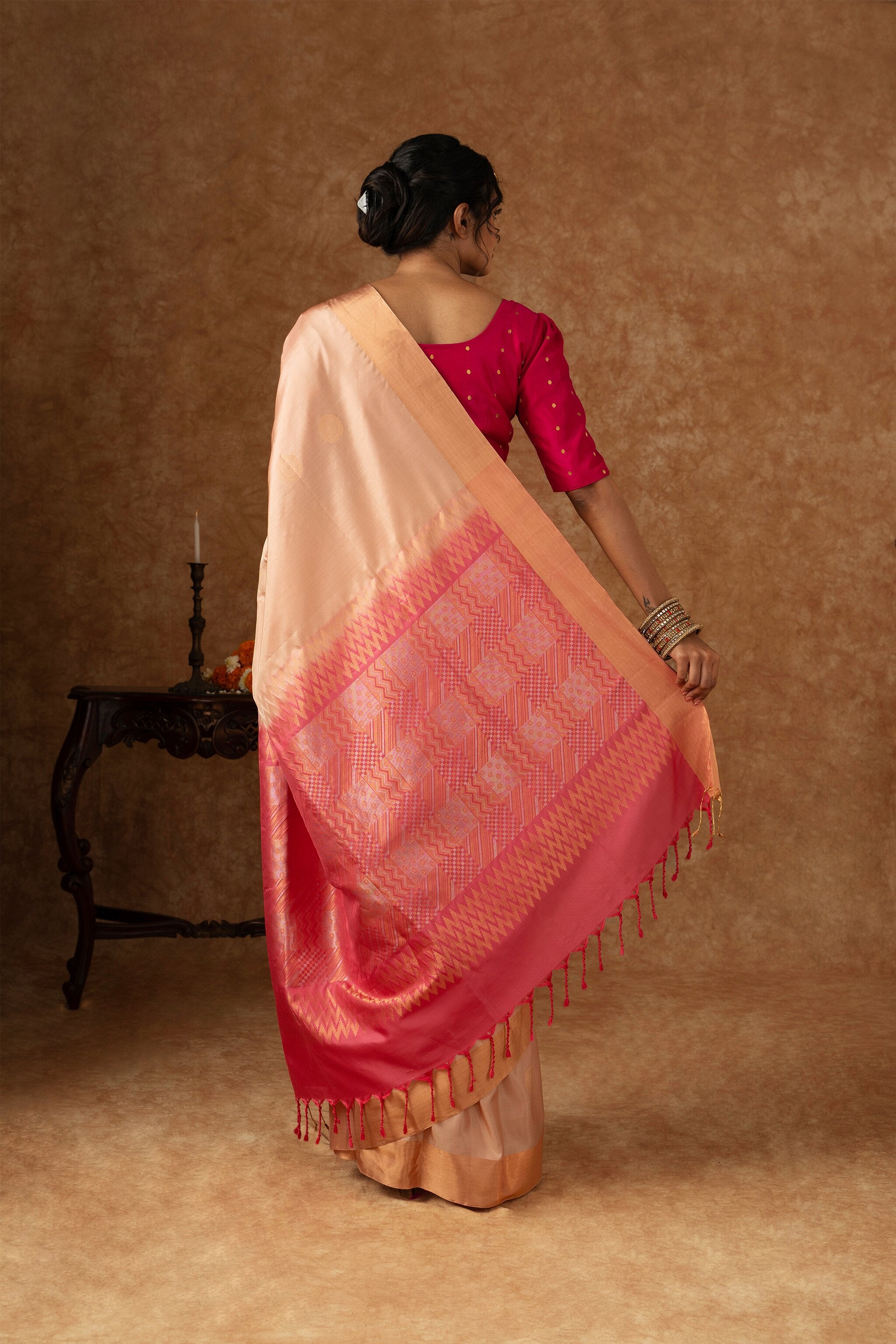 'Rudrani' Peach and Pink Kanjeevaram Soft Silk (Double Warp)