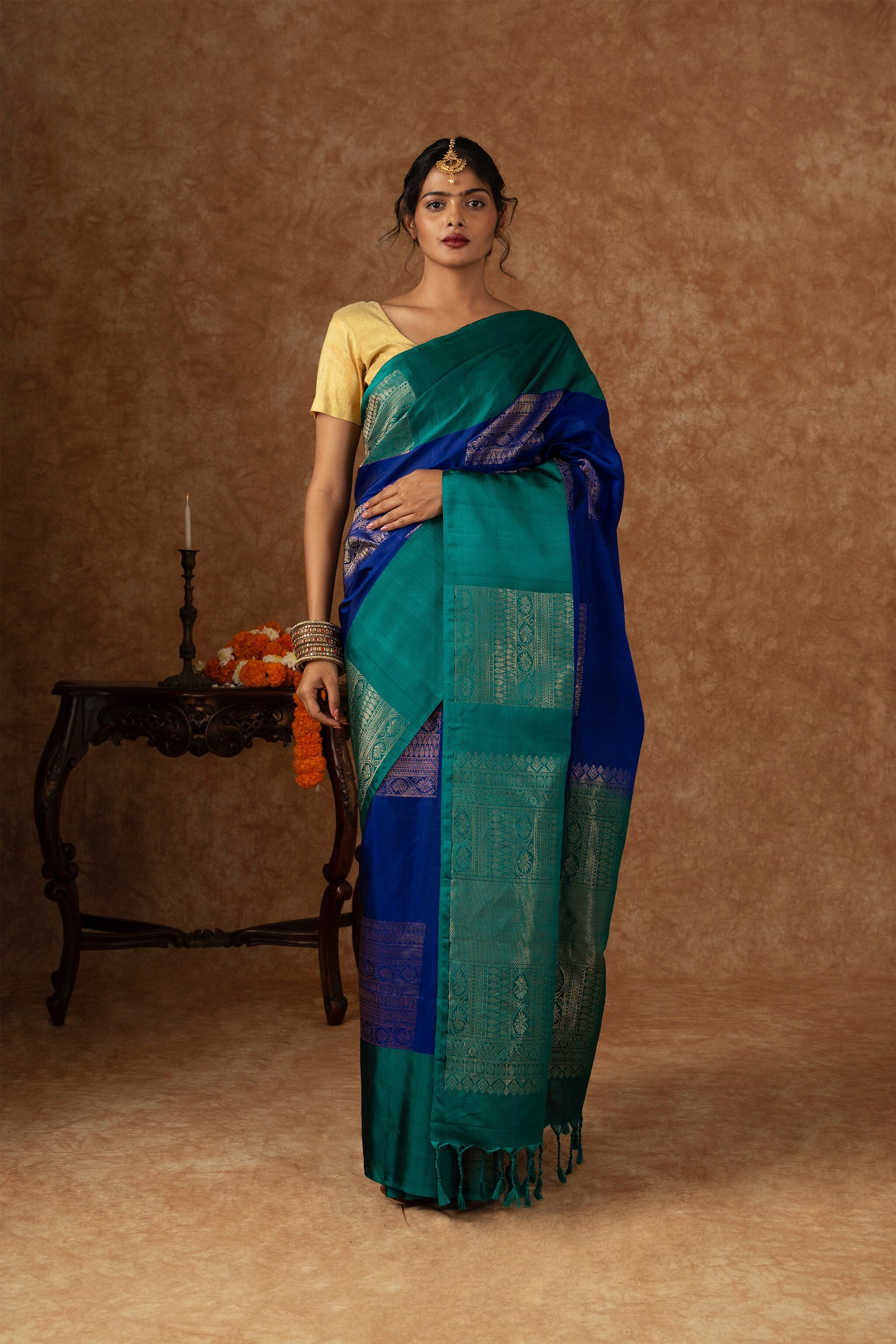 'Neelambari' Teal and Royal Blue Kanjeevaram Soft Silk (Double Warp)