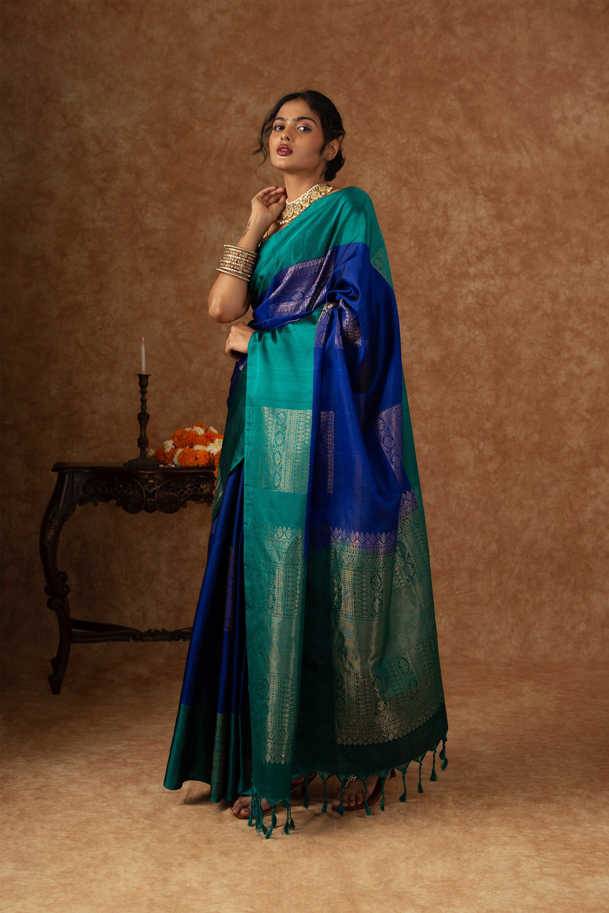 'Neelambari' Teal and Royal Blue Kanjeevaram Soft Silk (Double Warp)