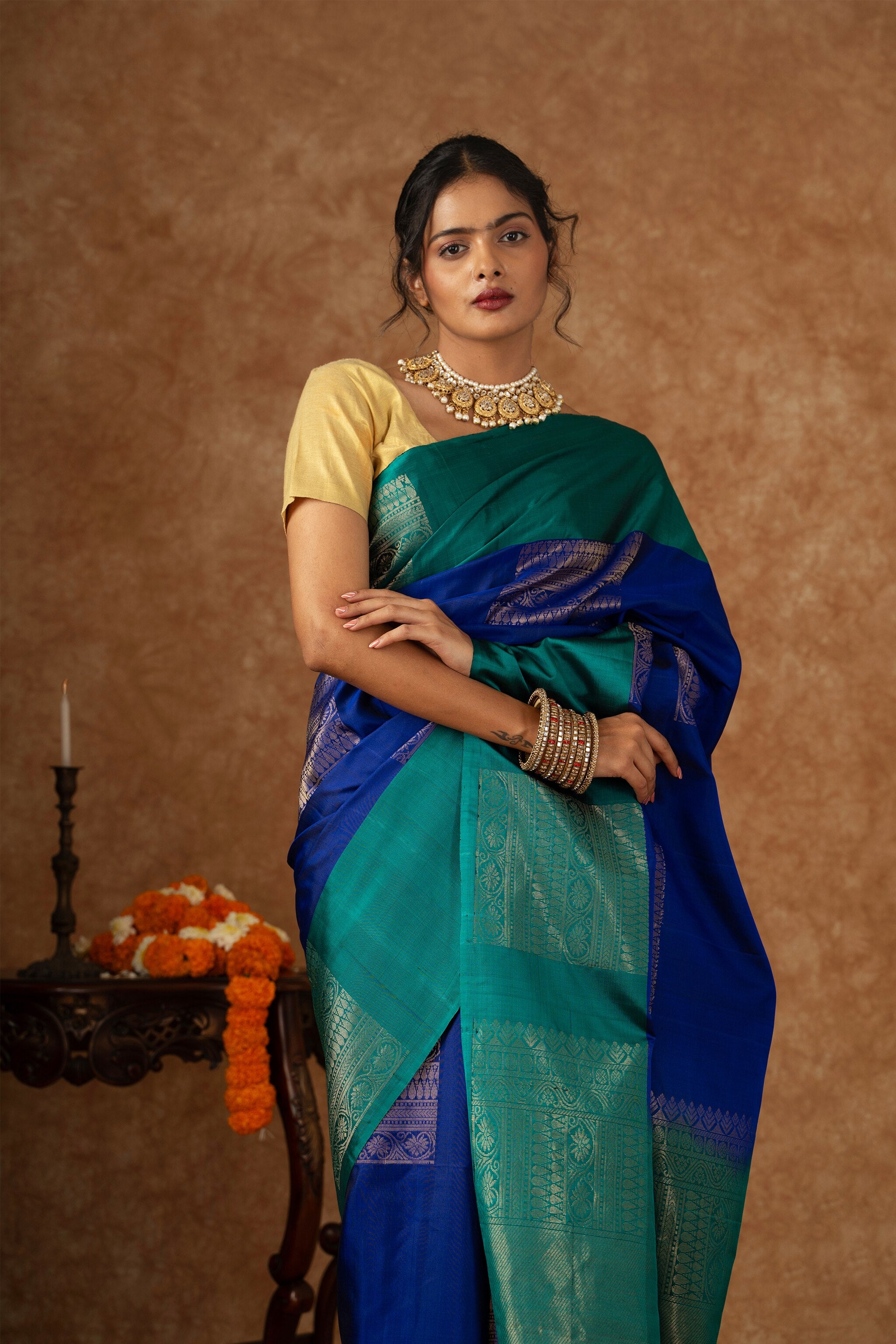 'Neelambari' Teal and Royal Blue Kanjeevaram Soft Silk (Double Warp)
