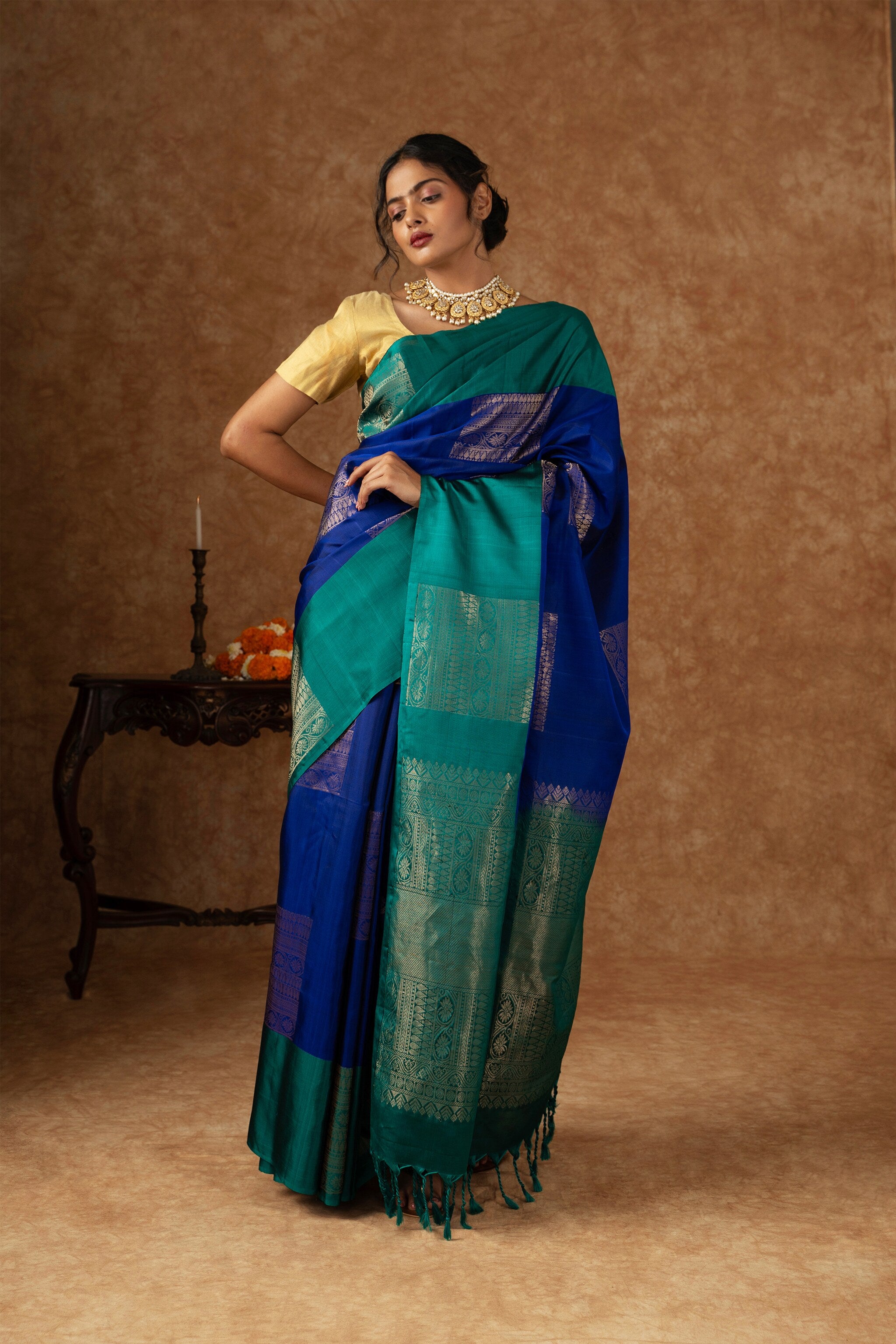 'Neelambari' Teal and Royal Blue Kanjeevaram Soft Silk (Double Warp)