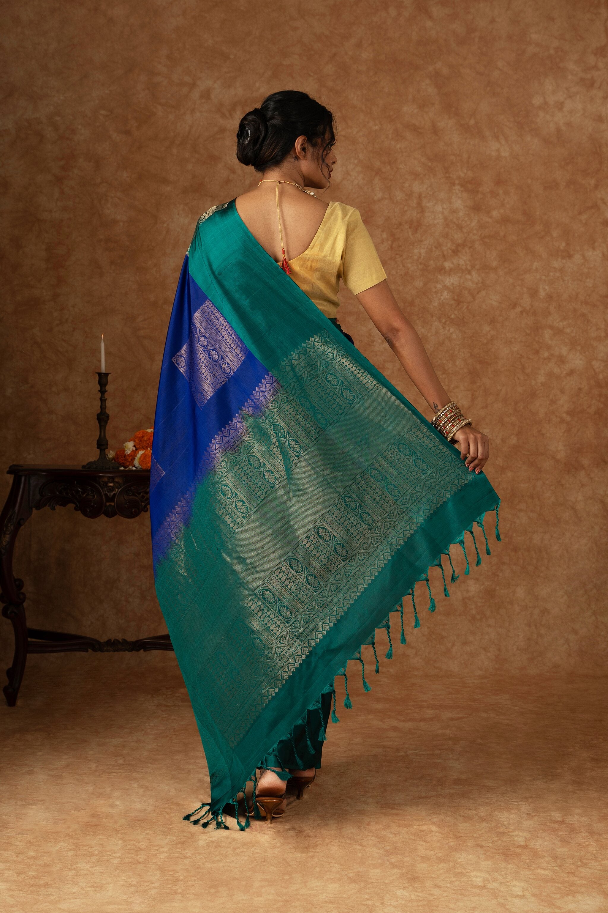 'Neelambari' Teal and Royal Blue Kanjeevaram Soft Silk (Double Warp)