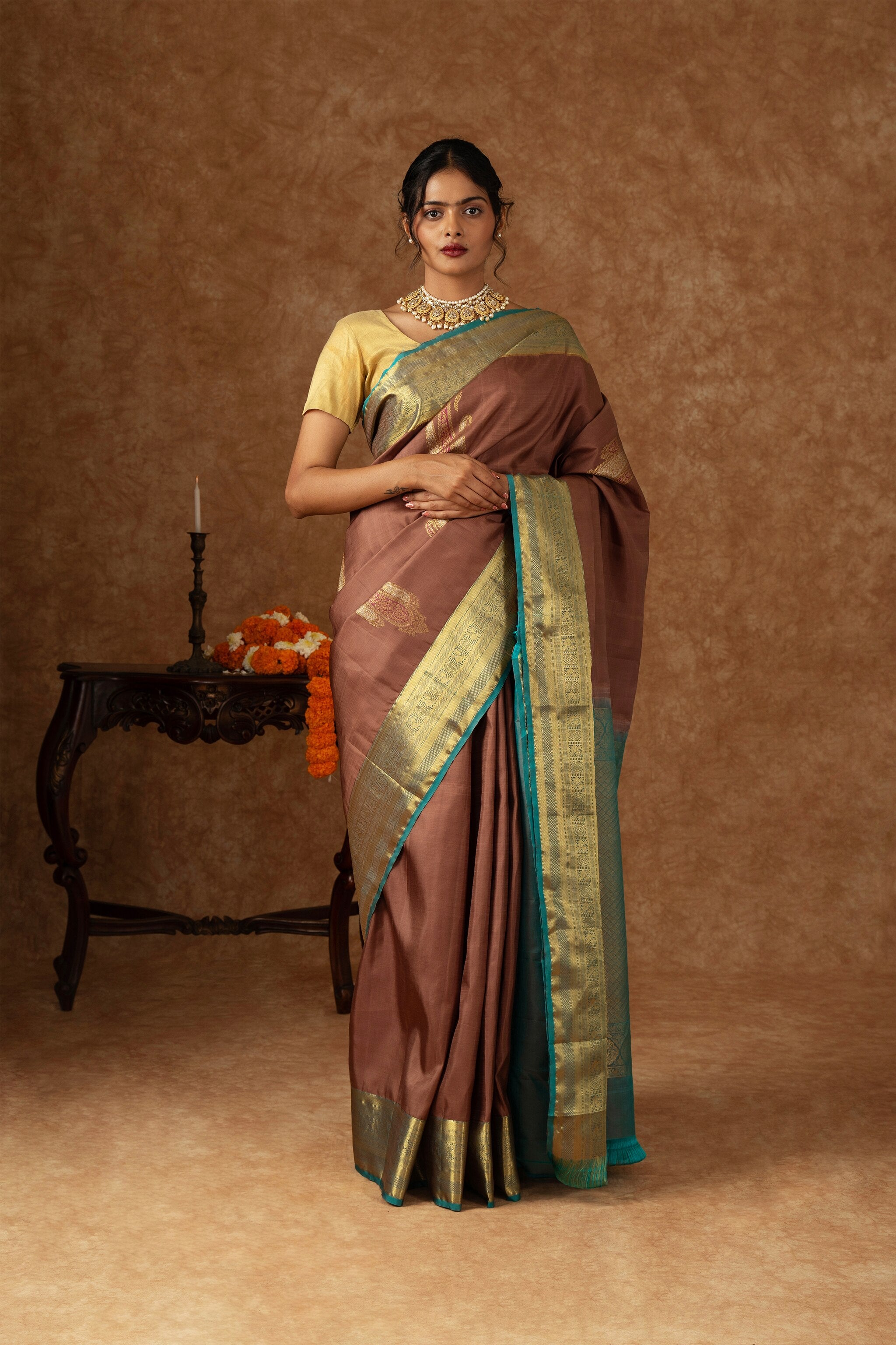 'Kshama' Brown and Teal Kanjeevaram Silk Saree