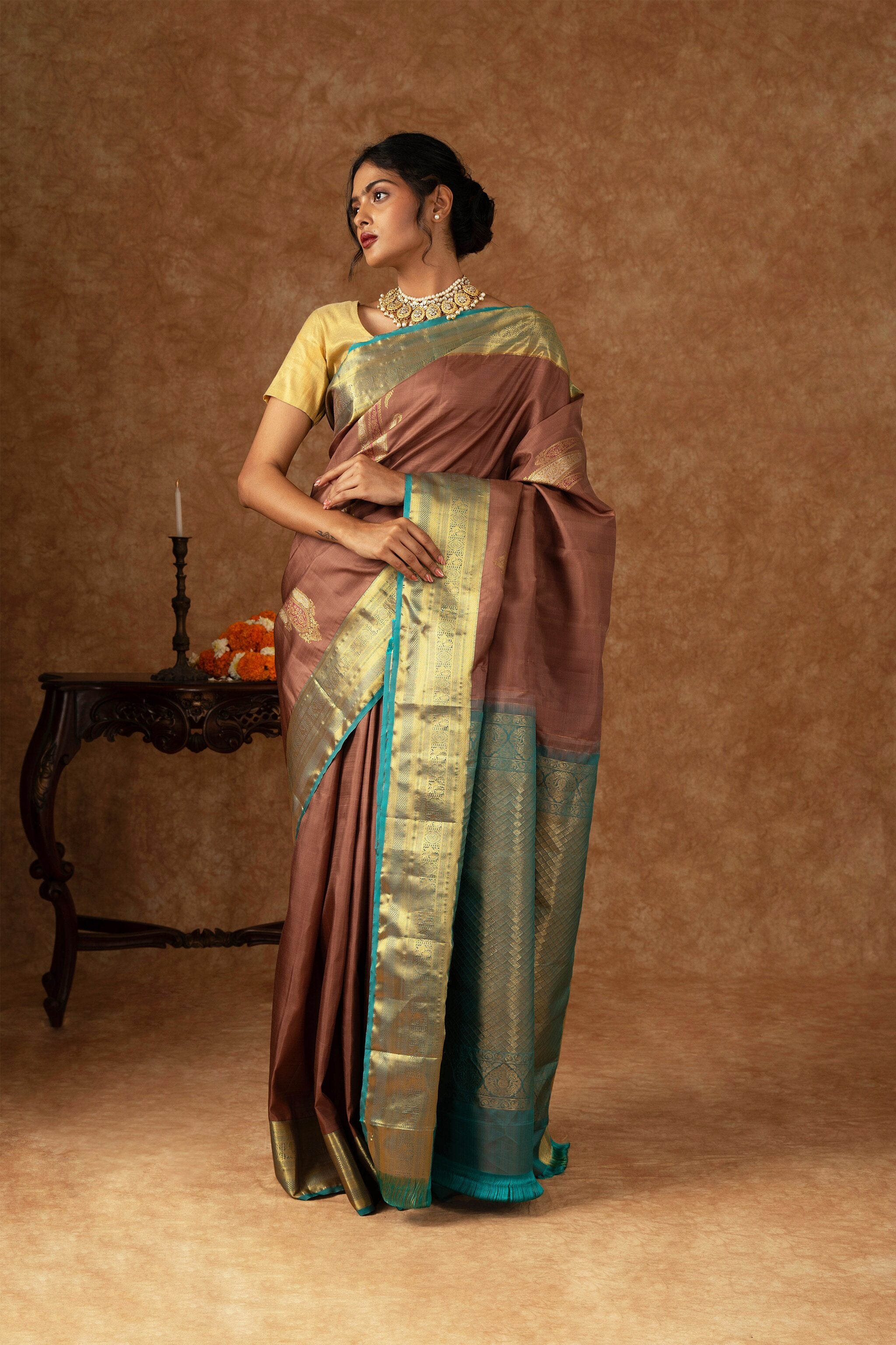 'Kshama' Brown and Teal Kanjeevaram Silk Saree