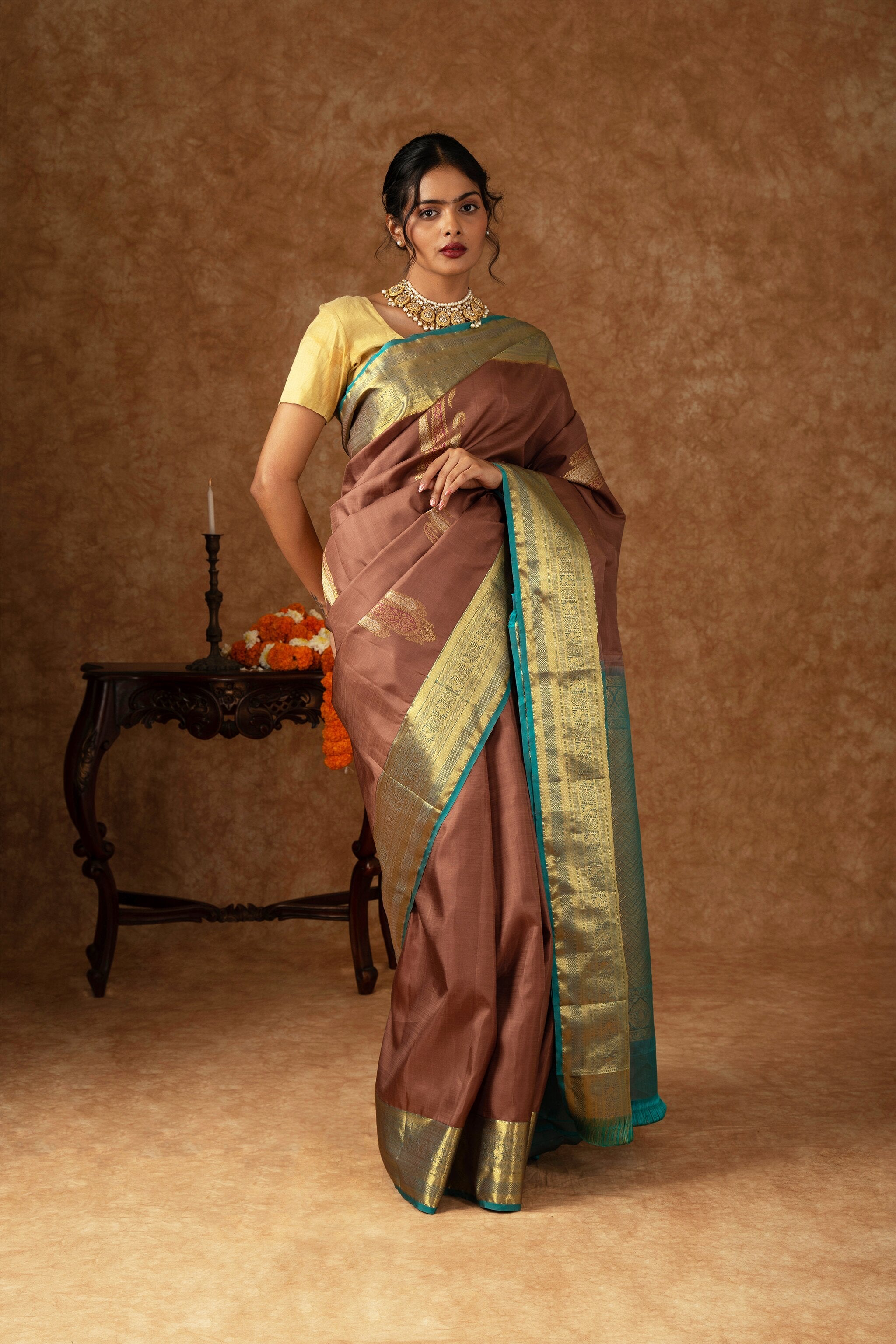 'Kshama' Brown and Teal Kanjeevaram Silk Saree