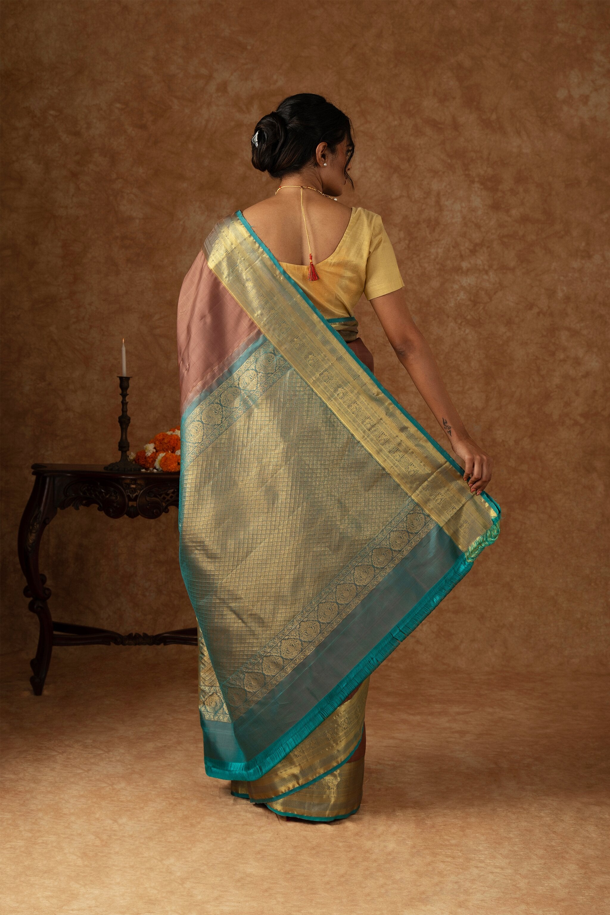 'Kshama' Brown and Teal Kanjeevaram Silk Saree