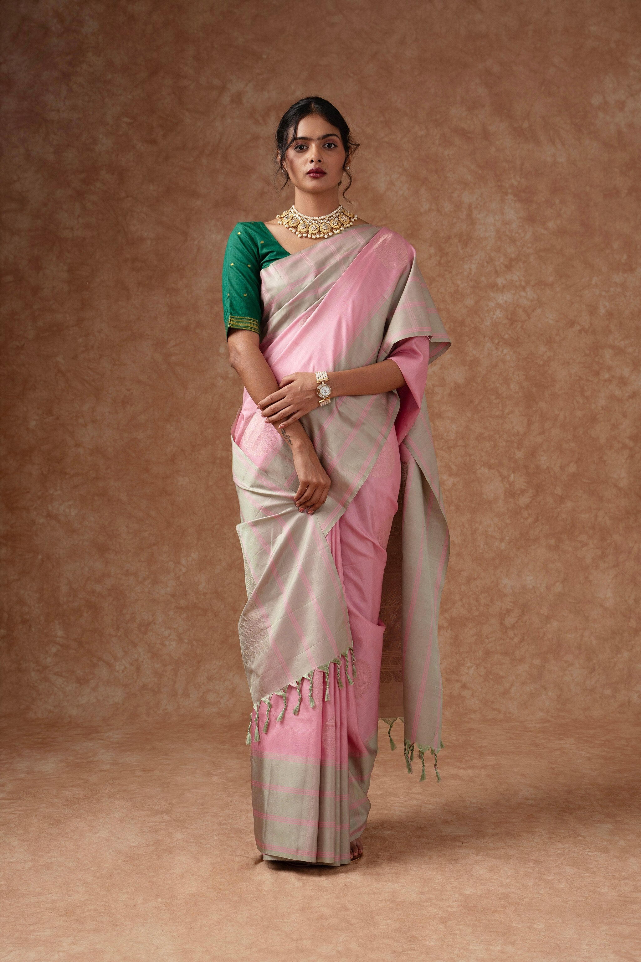 'Saanvi' Pink and Silver Kanjeevaram Soft Silk (Double Warp)