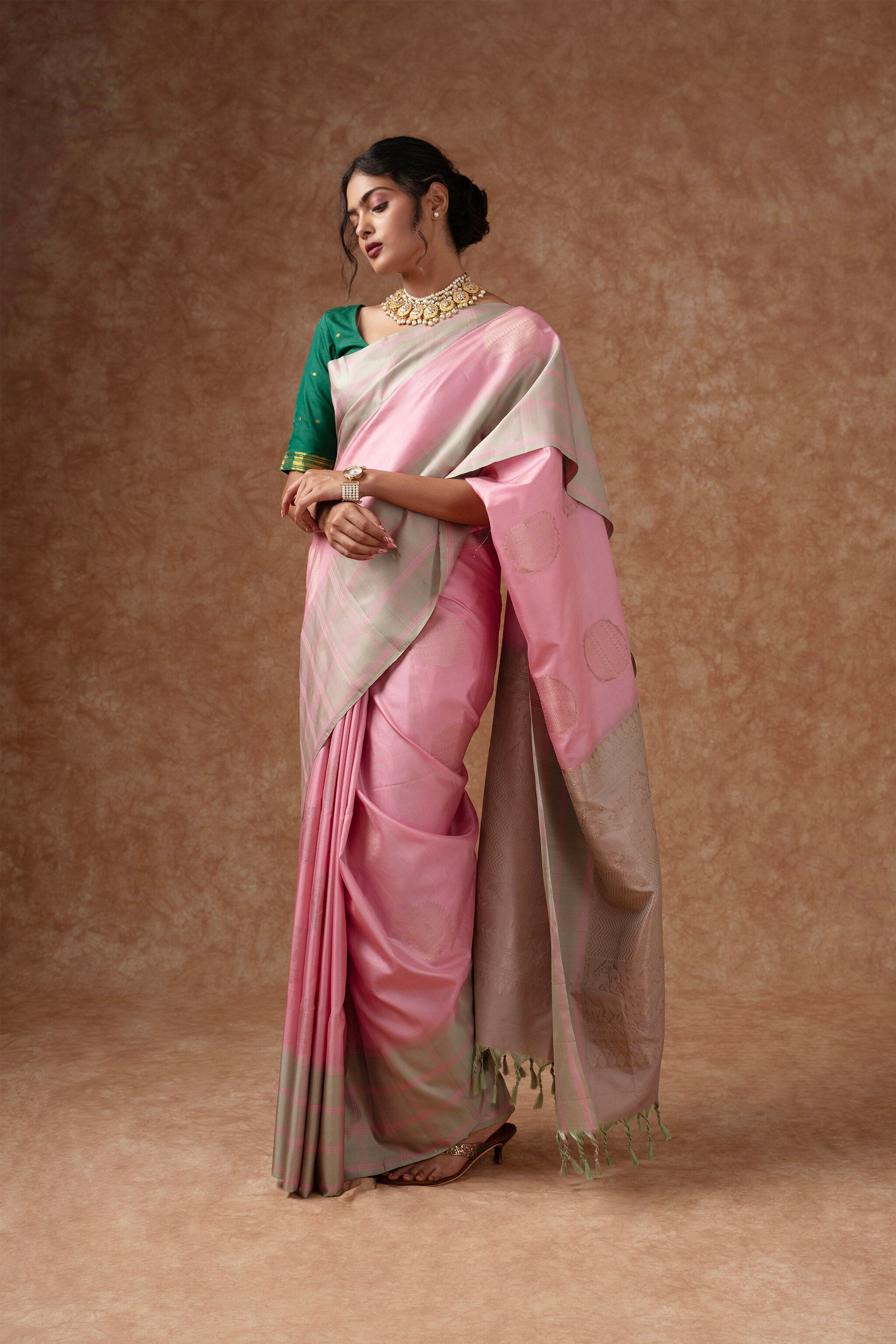 'Saanvi' Pink and Silver Kanjeevaram Soft Silk (Double Warp)
