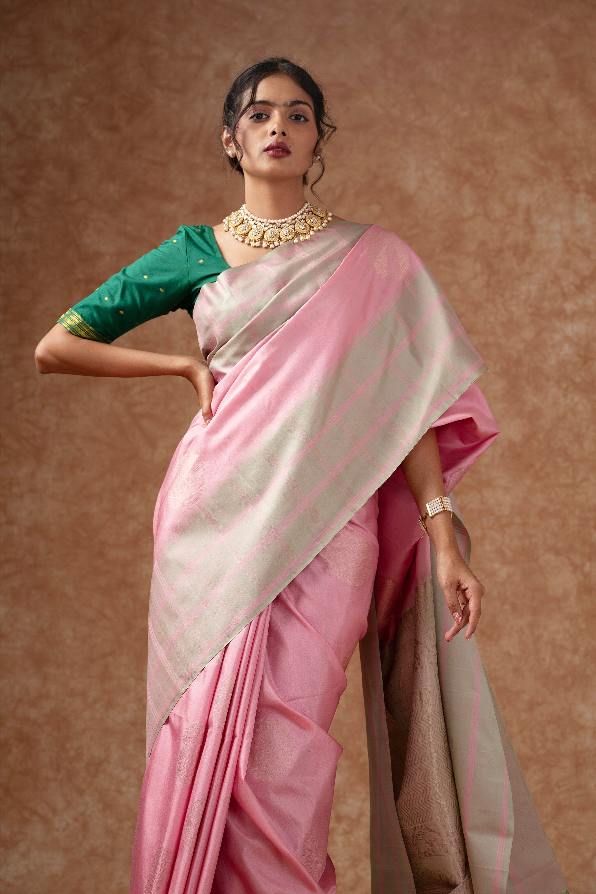 'Saanvi' Pink and Silver Kanjeevaram Soft Silk (Double Warp)