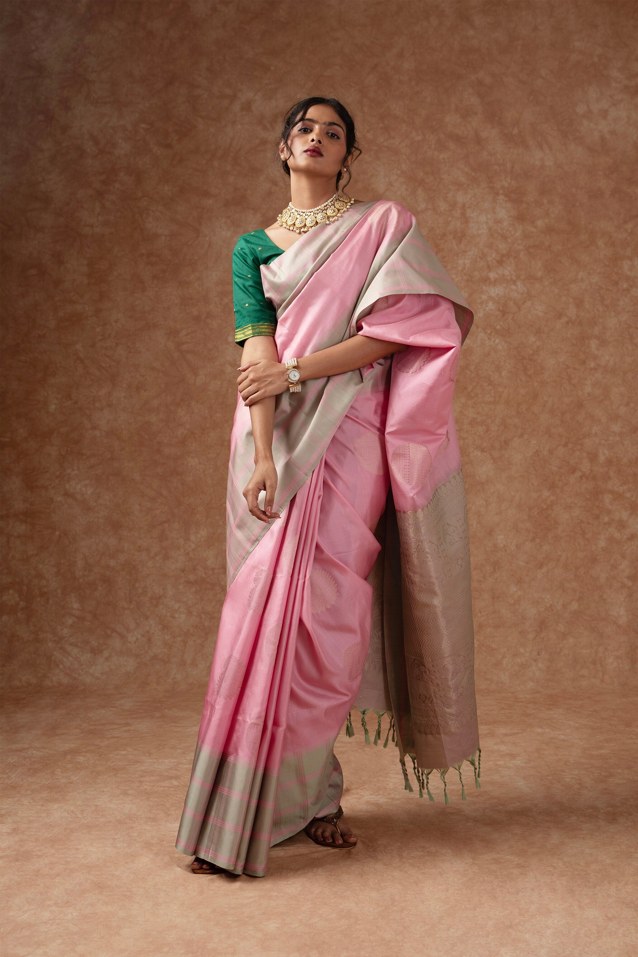 'Saanvi' Pink and Silver Kanjeevaram Soft Silk (Double Warp)