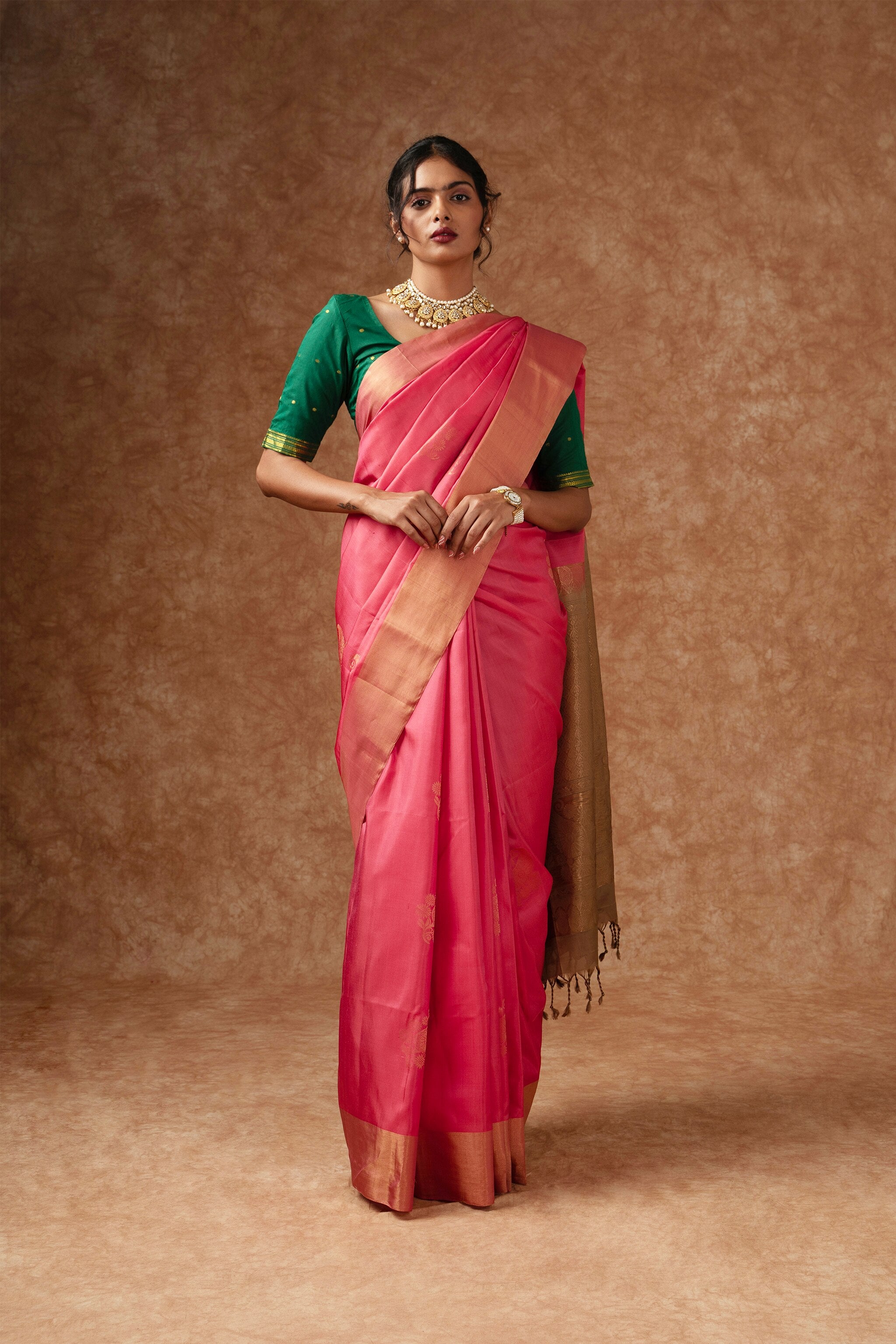 Handwoven Coral Pink and Gold Kanjeevaram Soft Silk (Double Warp)