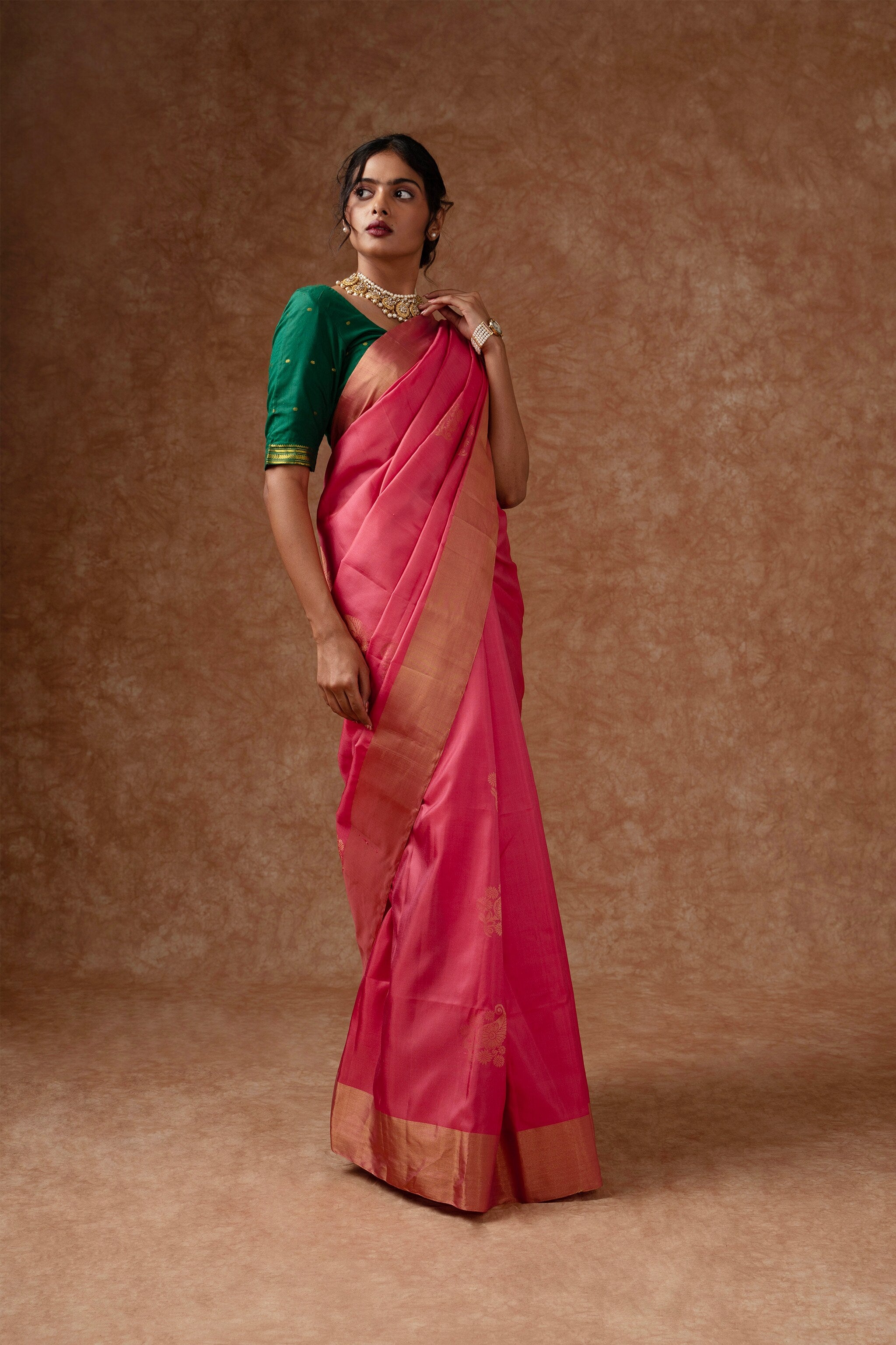 Handwoven Coral Pink and Gold Kanjeevaram Soft Silk (Double Warp)