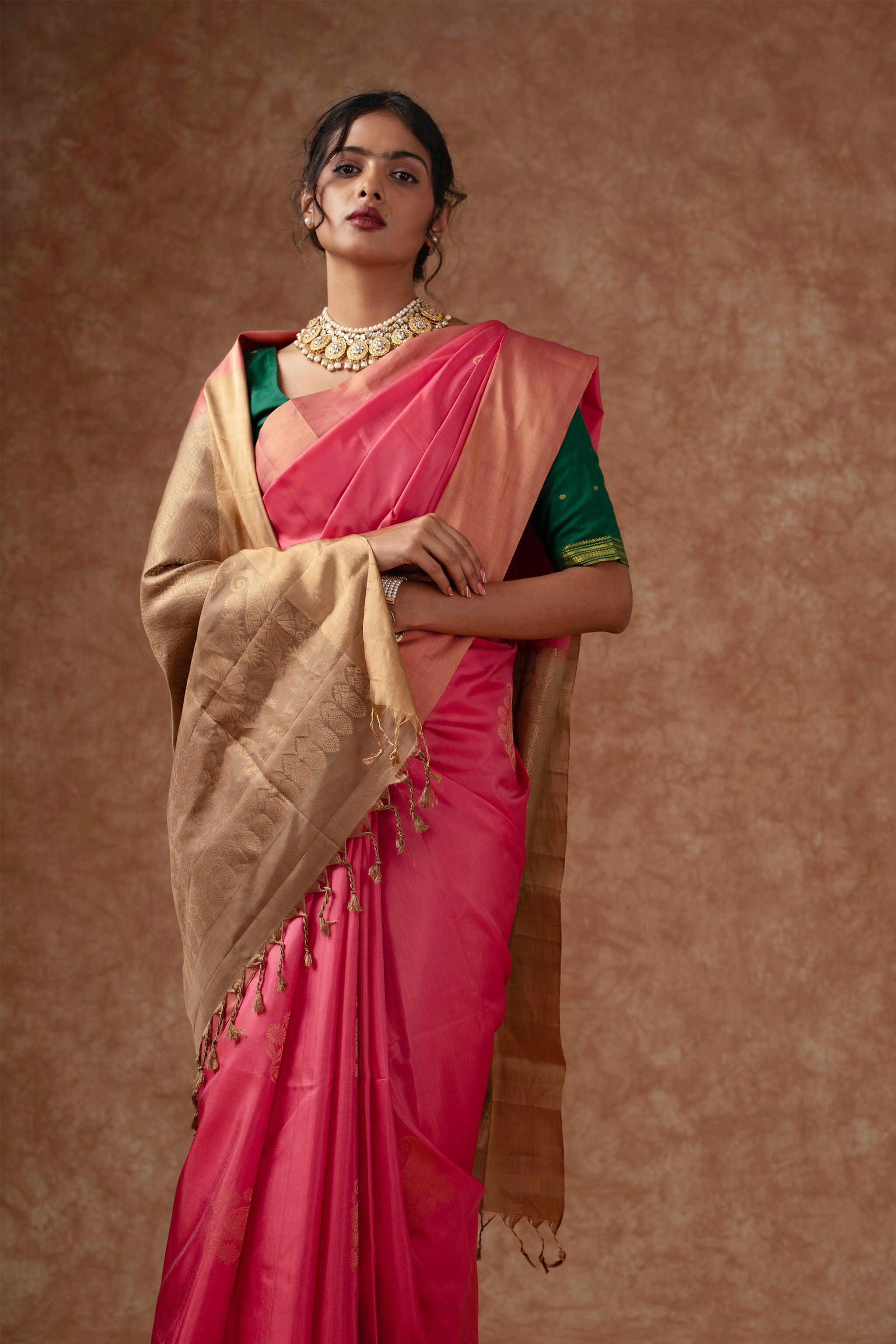 Handwoven Coral Pink and Gold Kanjeevaram Soft Silk (Double Warp)