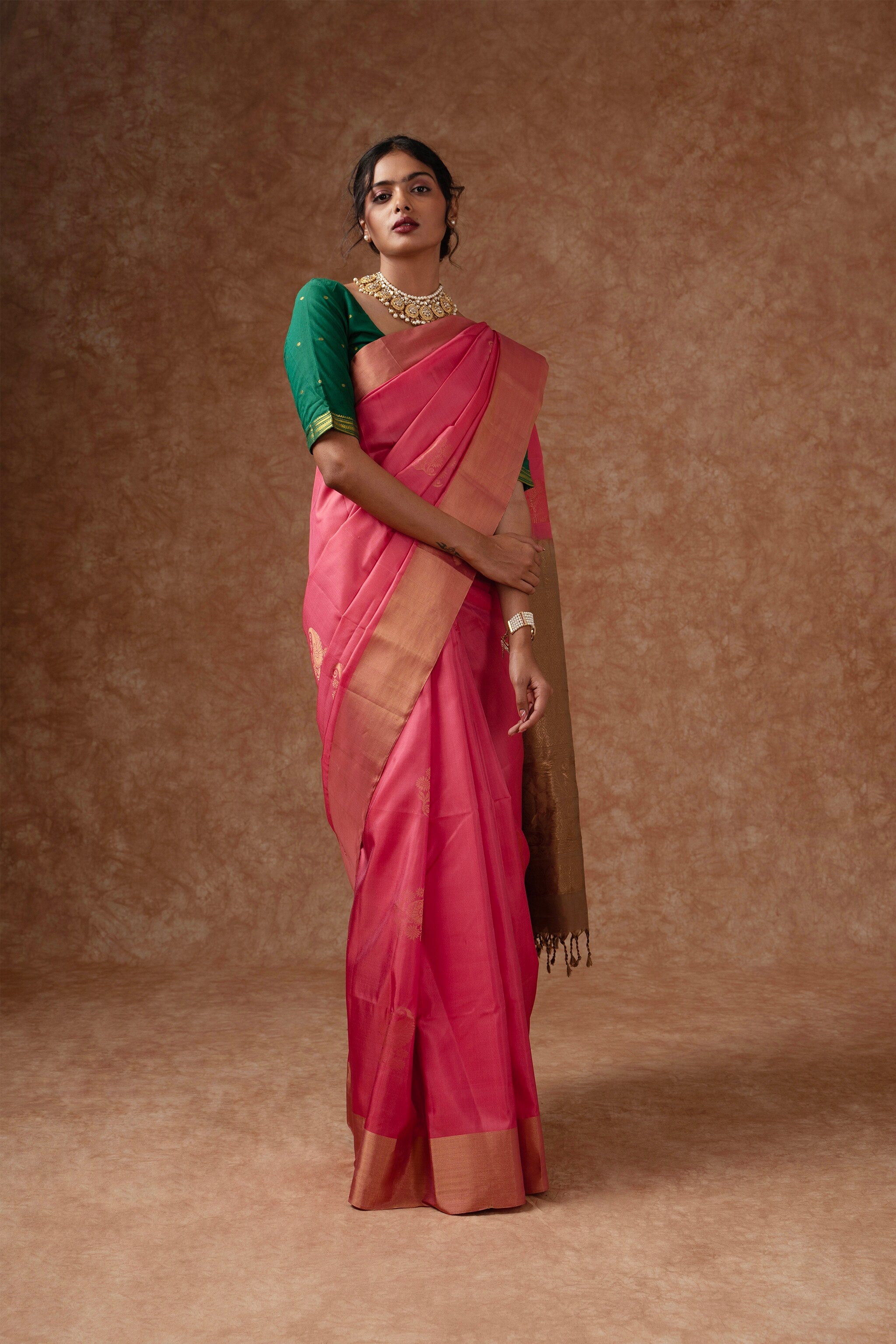 Handwoven Coral Pink and Gold Kanjeevaram Soft Silk (Double Warp)