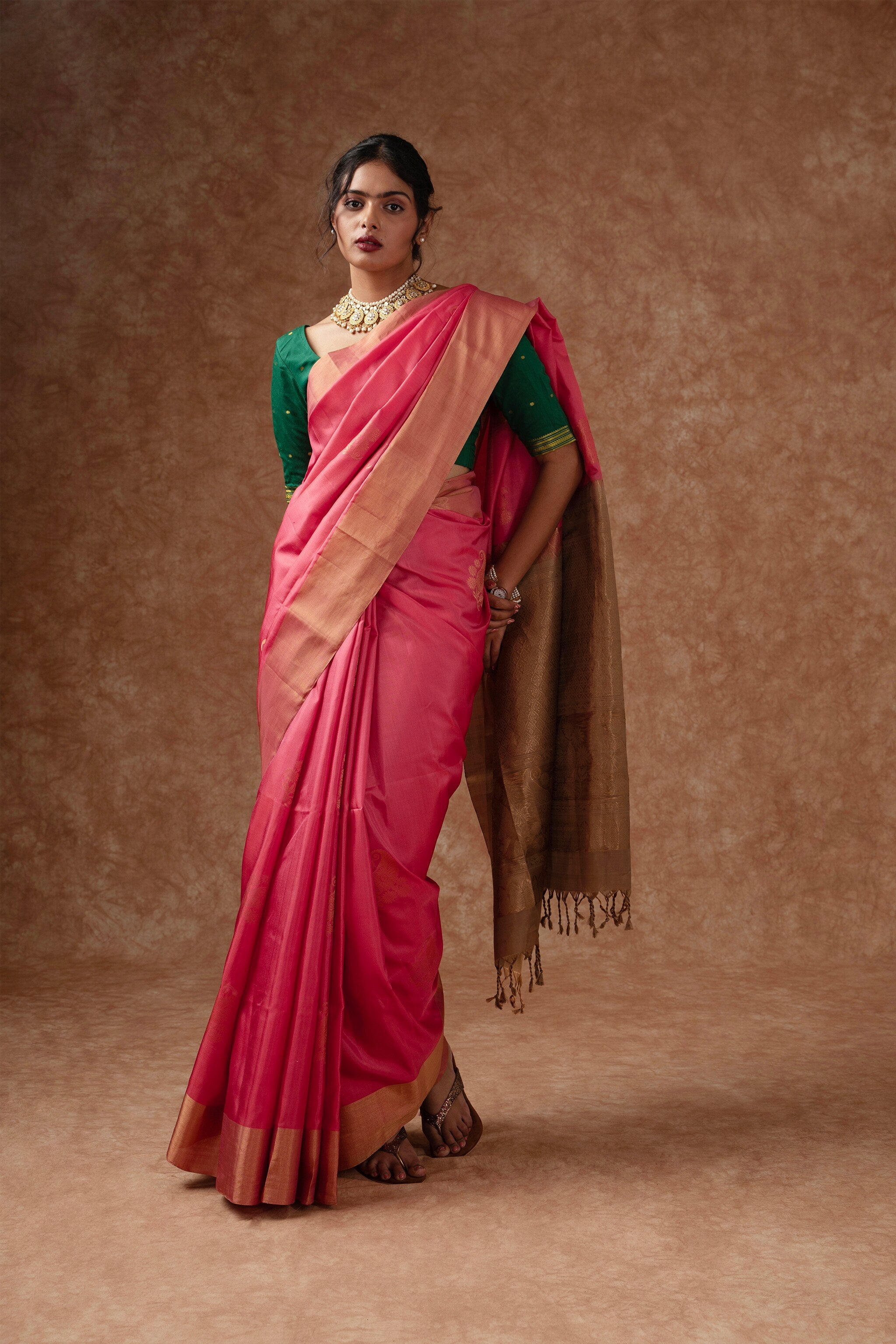 Handwoven Coral Pink and Gold Kanjeevaram Soft Silk (Double Warp)