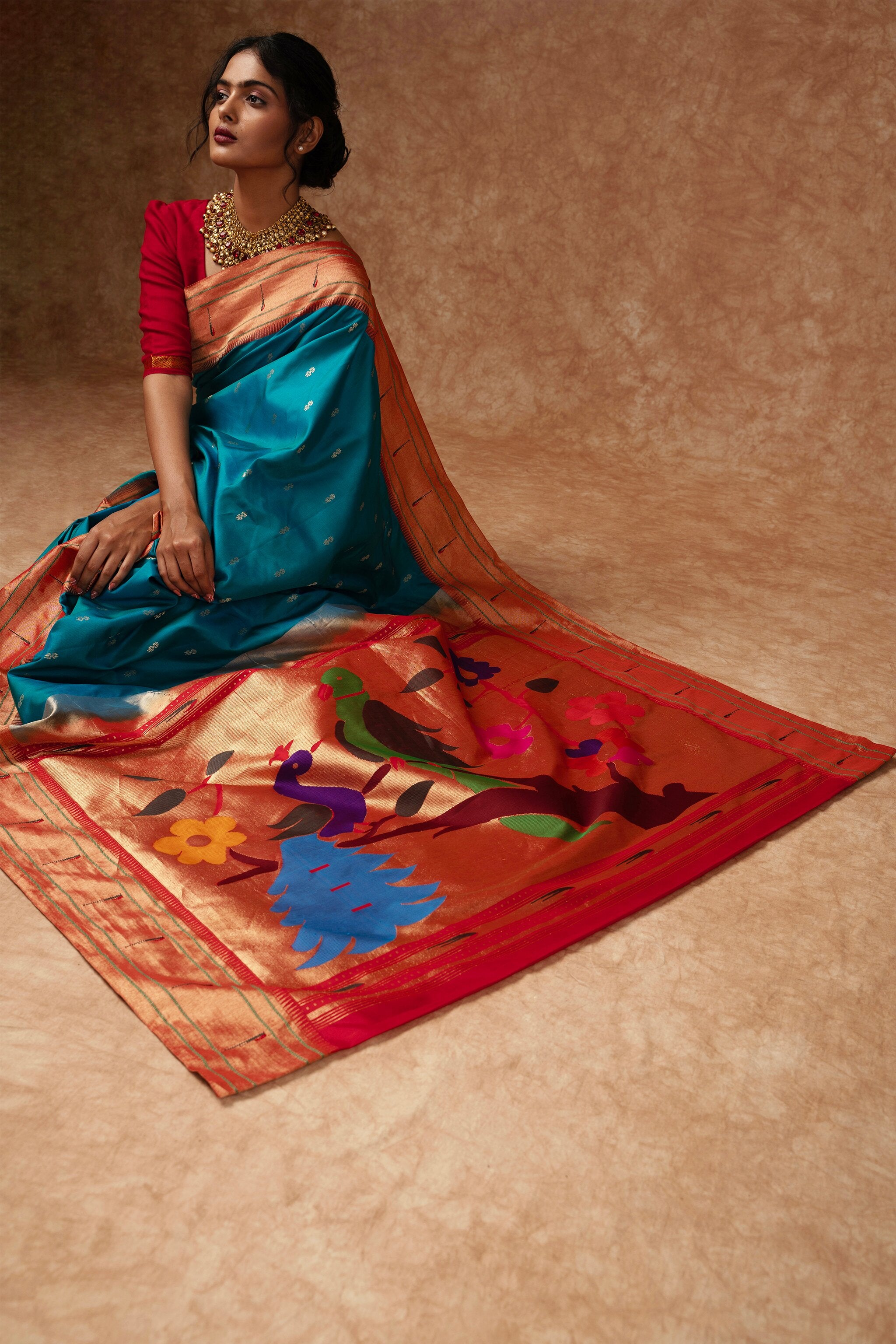 Sapphire Handwoven Muniya Paithani Pure Silk Saree