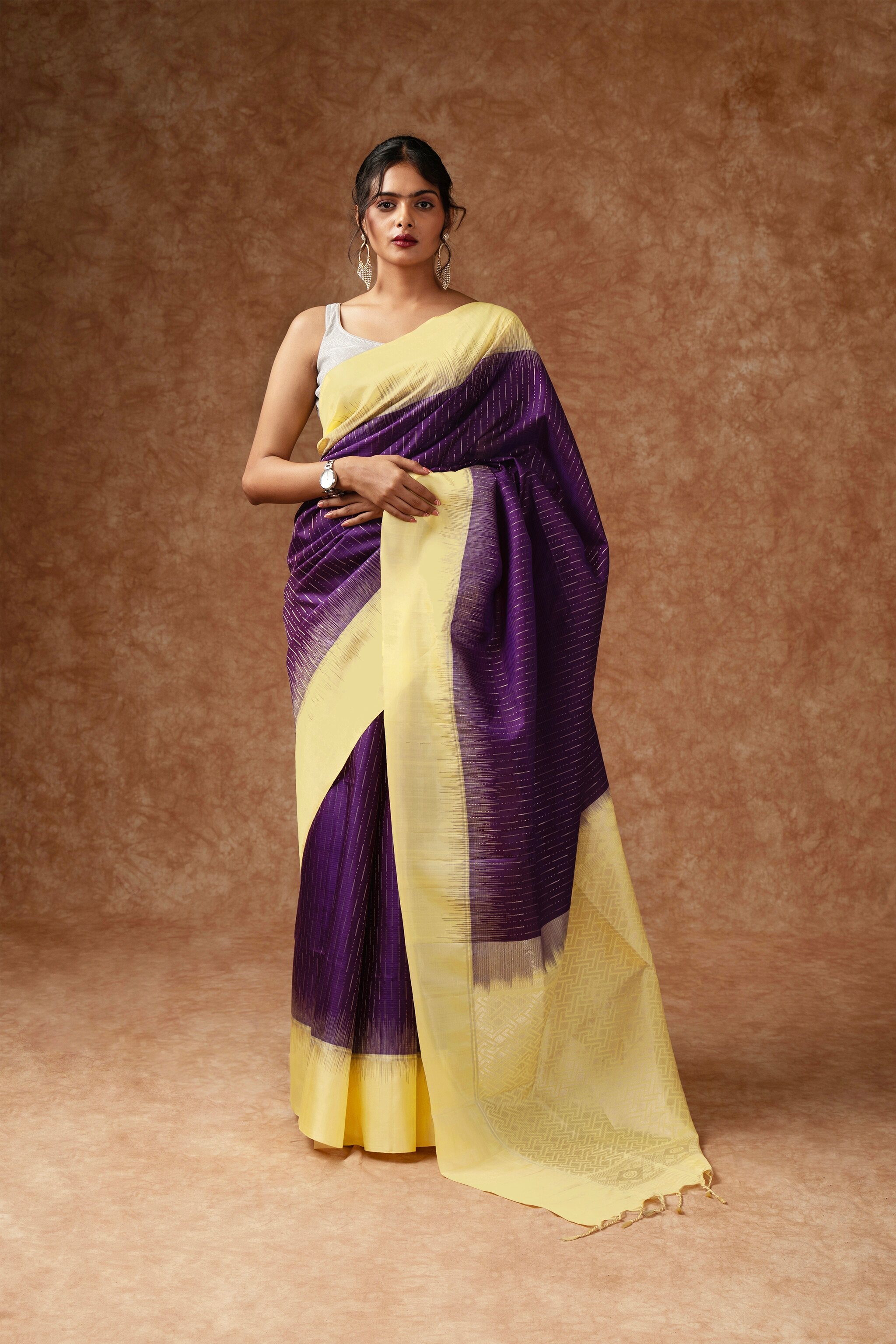 Handwoven Royal Purple and Pastel Yellow Kanjeevaram Soft Silk (Double Warp)