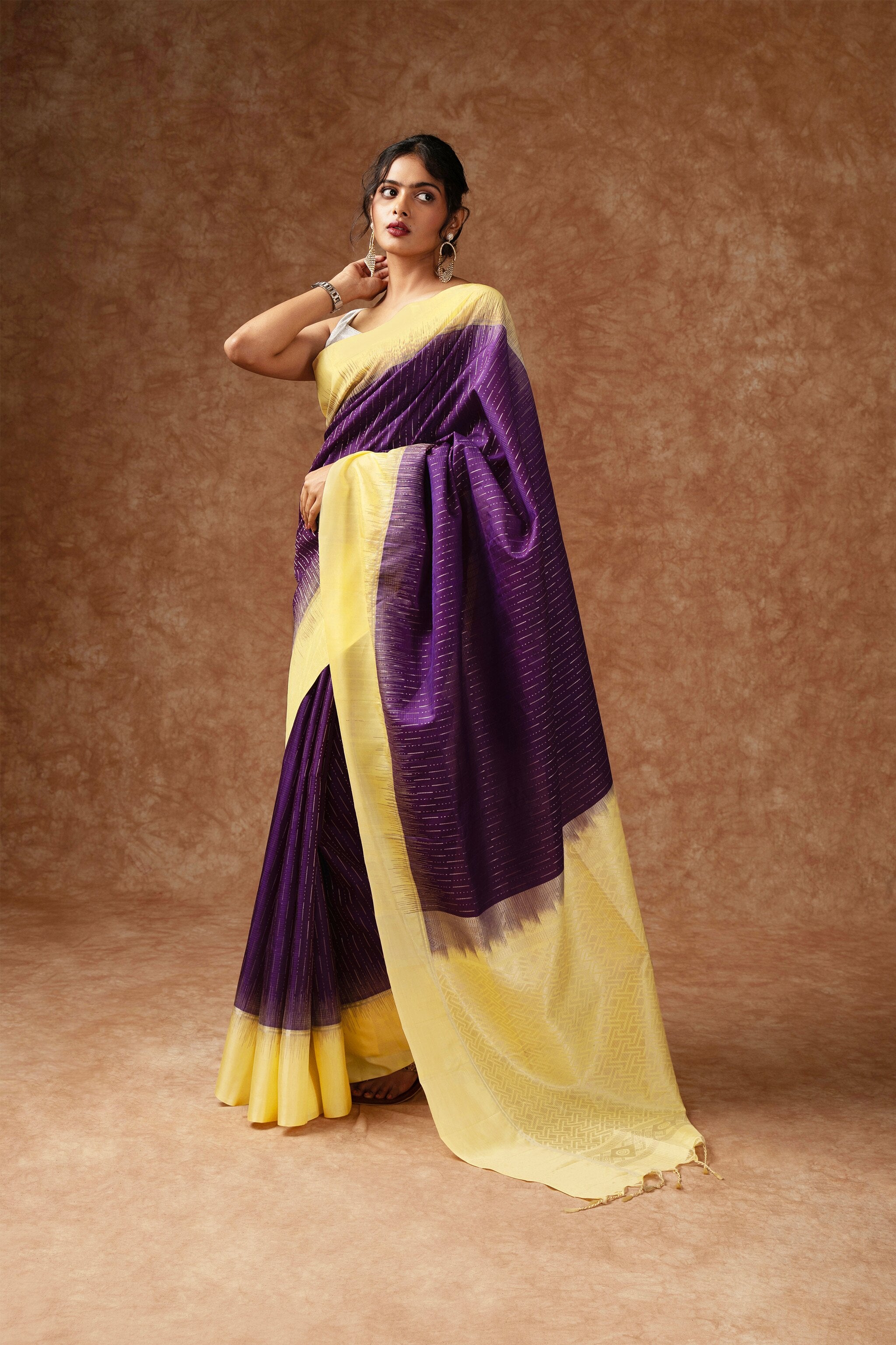 Handwoven Royal Purple and Pastel Yellow Kanjeevaram Soft Silk (Double Warp)
