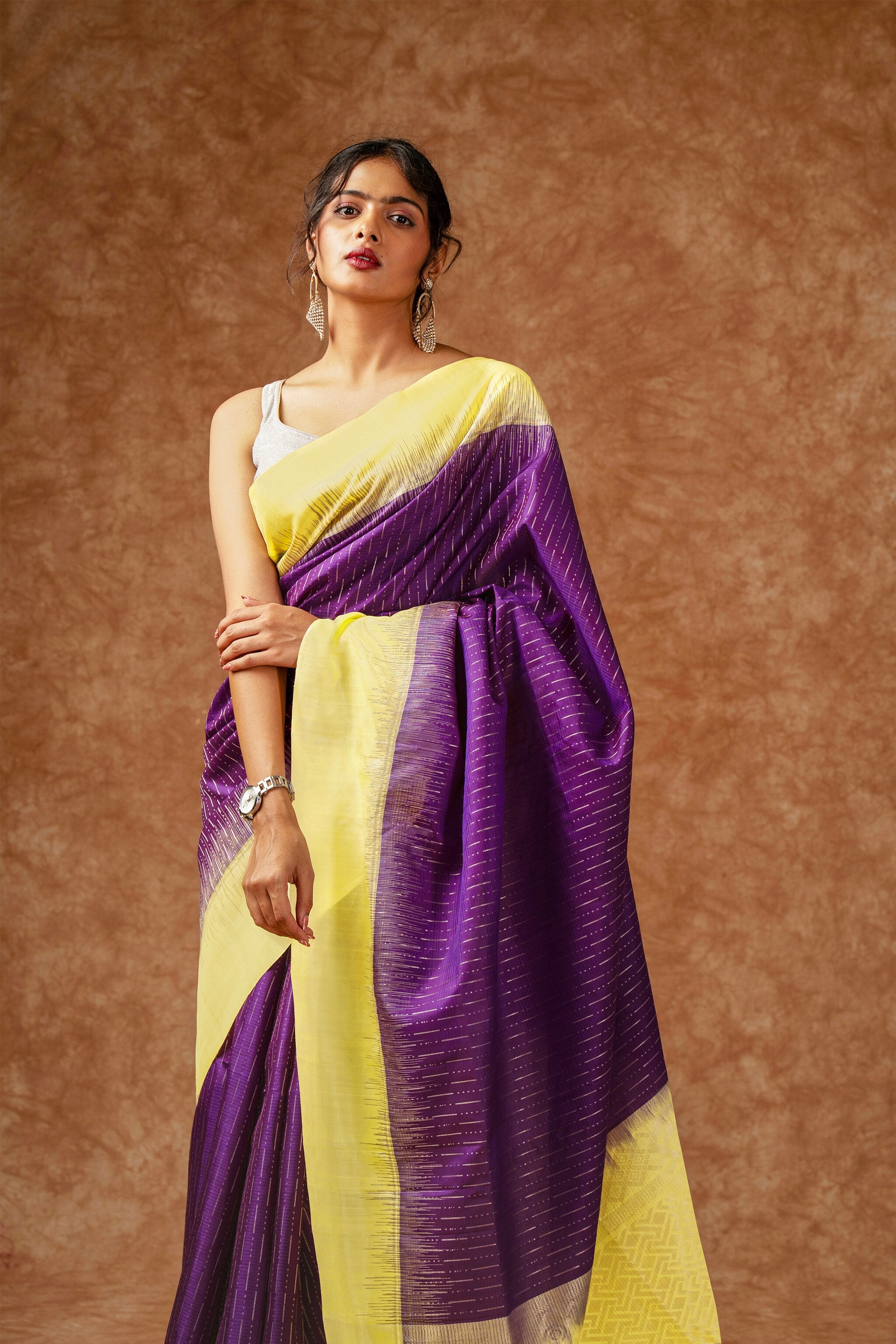 Handwoven Royal Purple and Pastel Yellow Kanjeevaram Soft Silk (Double Warp)