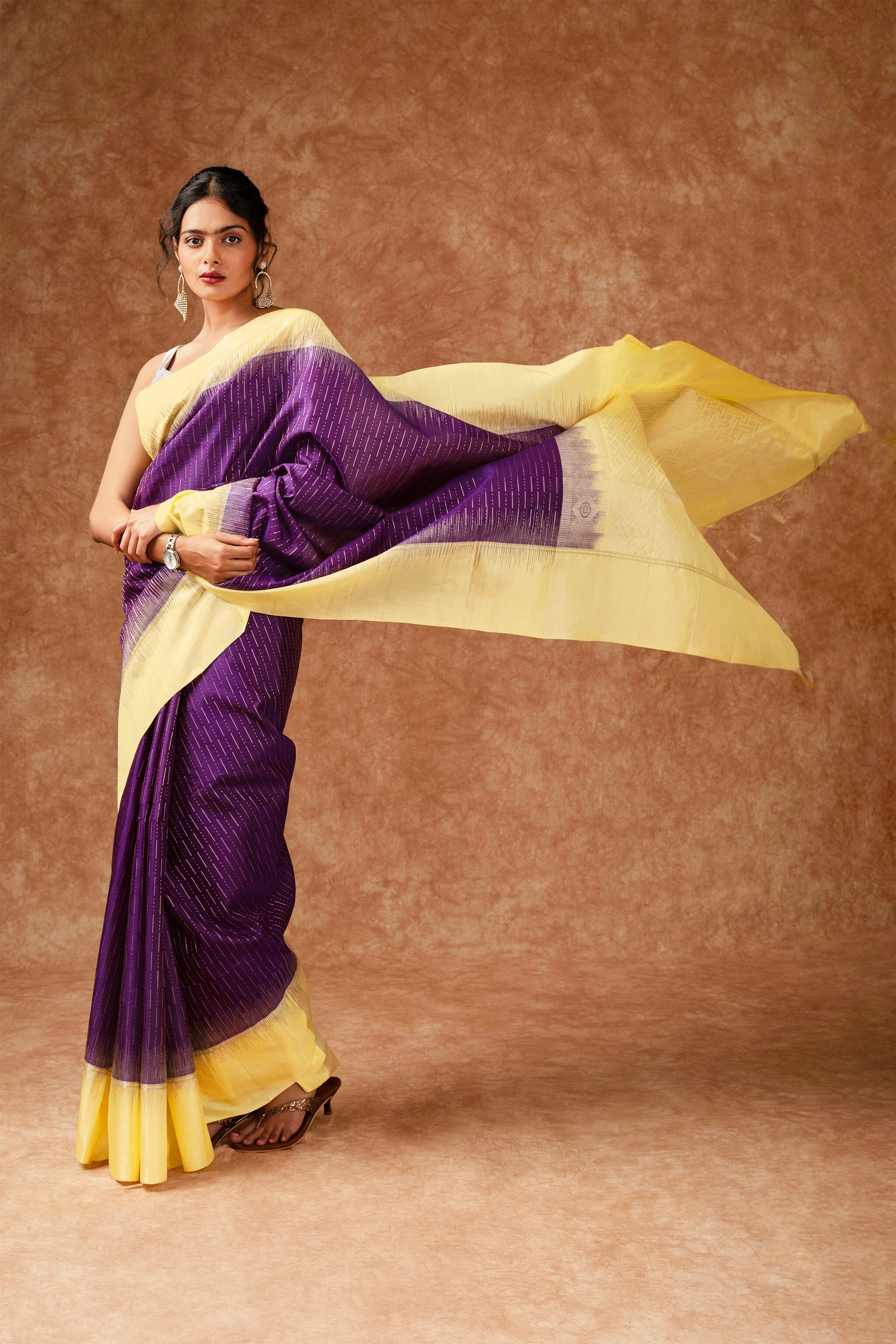 Handwoven Royal Purple and Pastel Yellow Kanjeevaram Soft Silk (Double Warp)