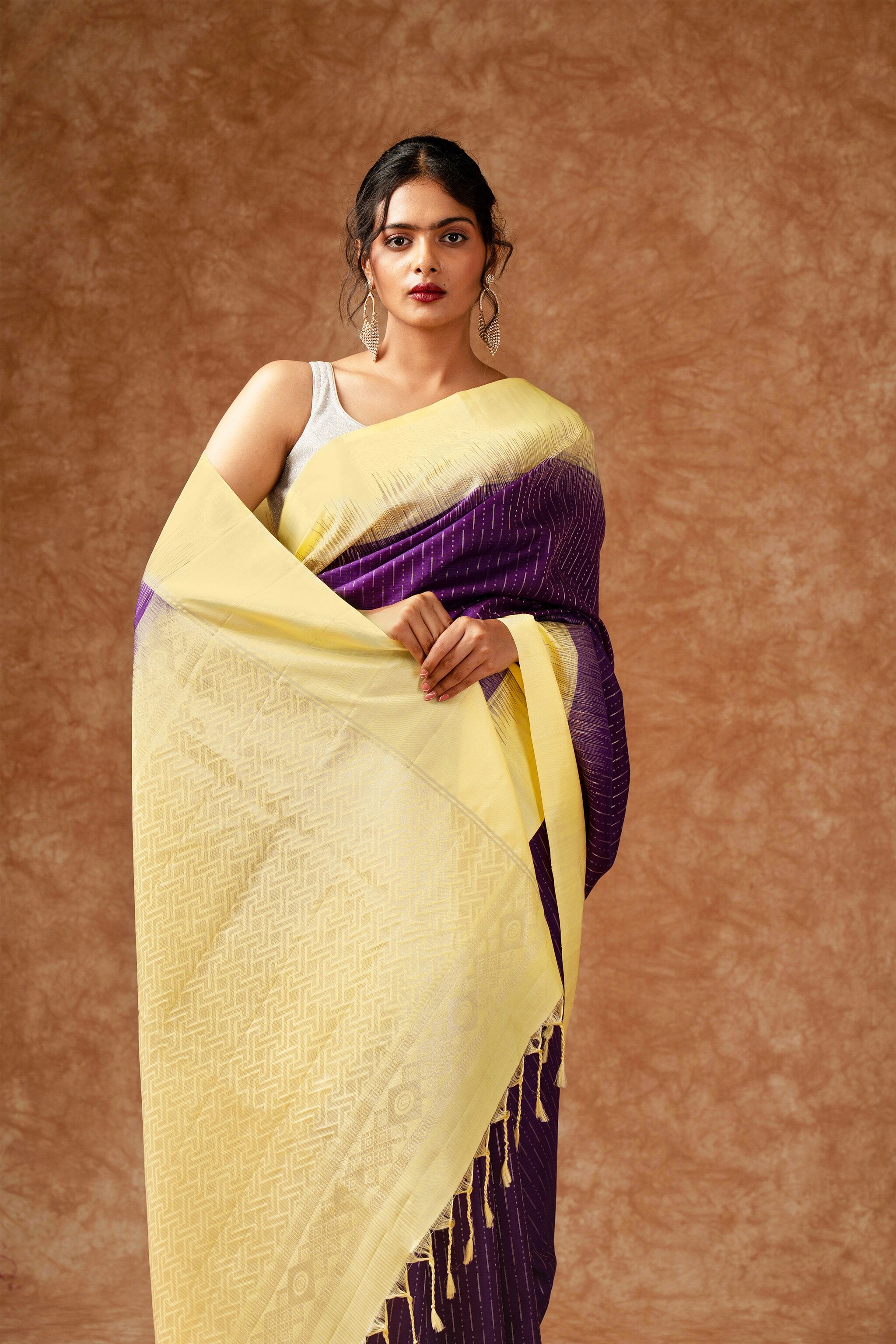 Handwoven Royal Purple and Pastel Yellow Kanjeevaram Soft Silk (Double Warp)