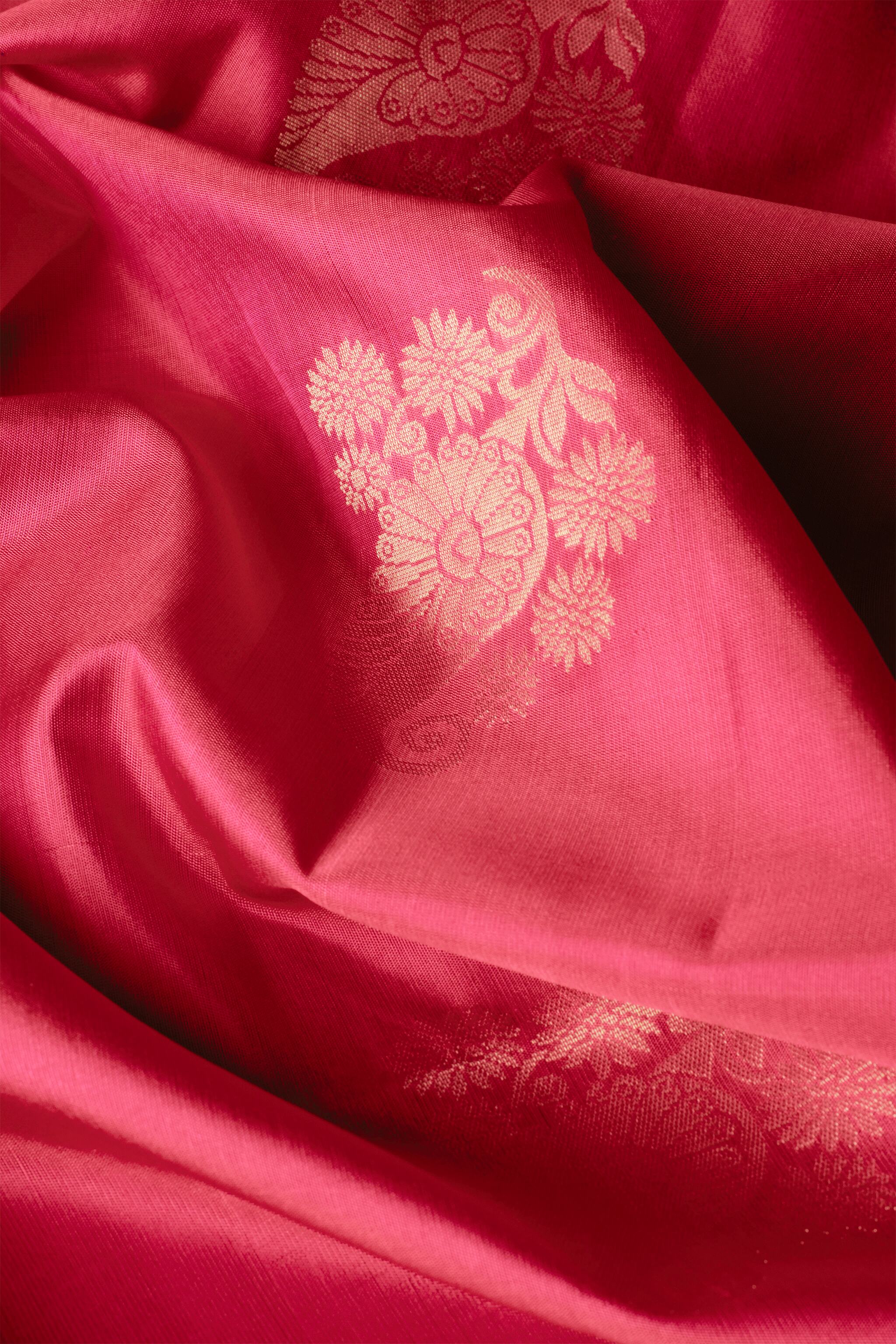 Handwoven Coral Pink and Gold Kanjeevaram Soft Silk (Double Warp)