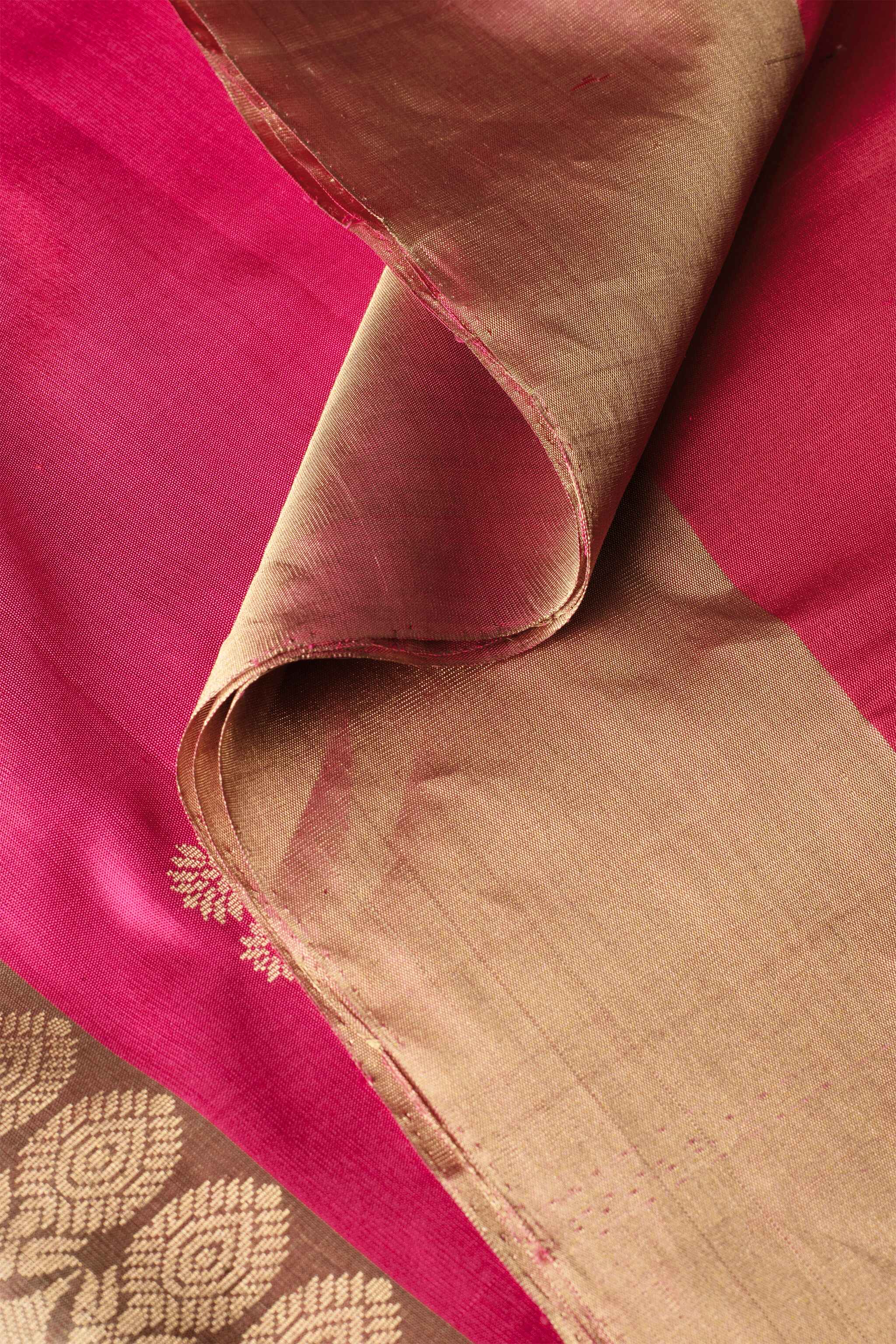 Handwoven Coral Pink and Gold Kanjeevaram Soft Silk (Double Warp)