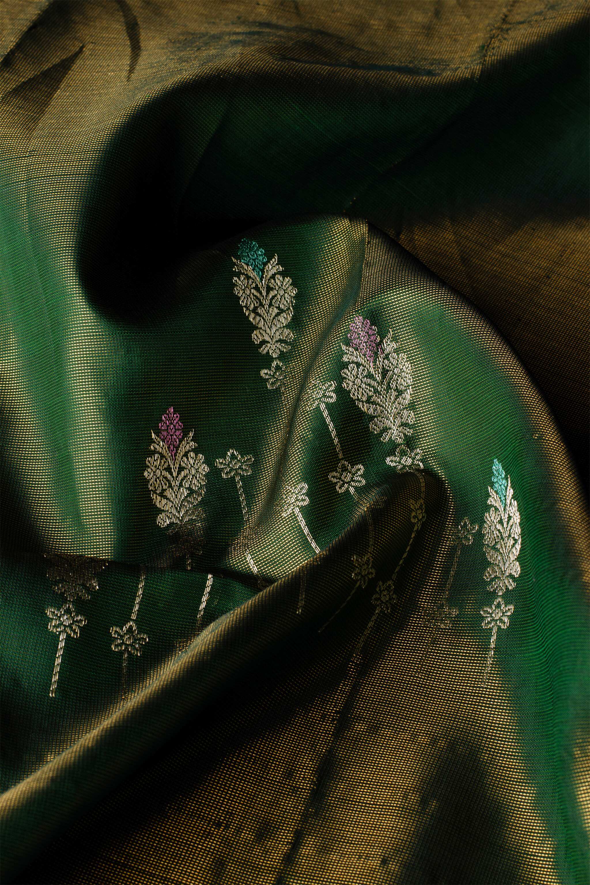 'Sampriti' Forest Green and Coral Kanjeevaram Pure Silk Saree