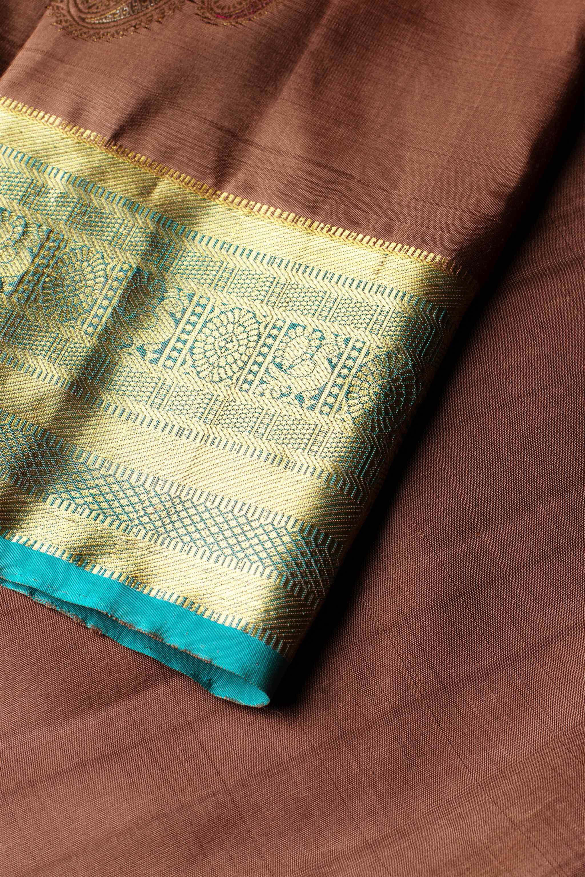 'Kshama' Brown and Teal Kanjeevaram Silk Saree