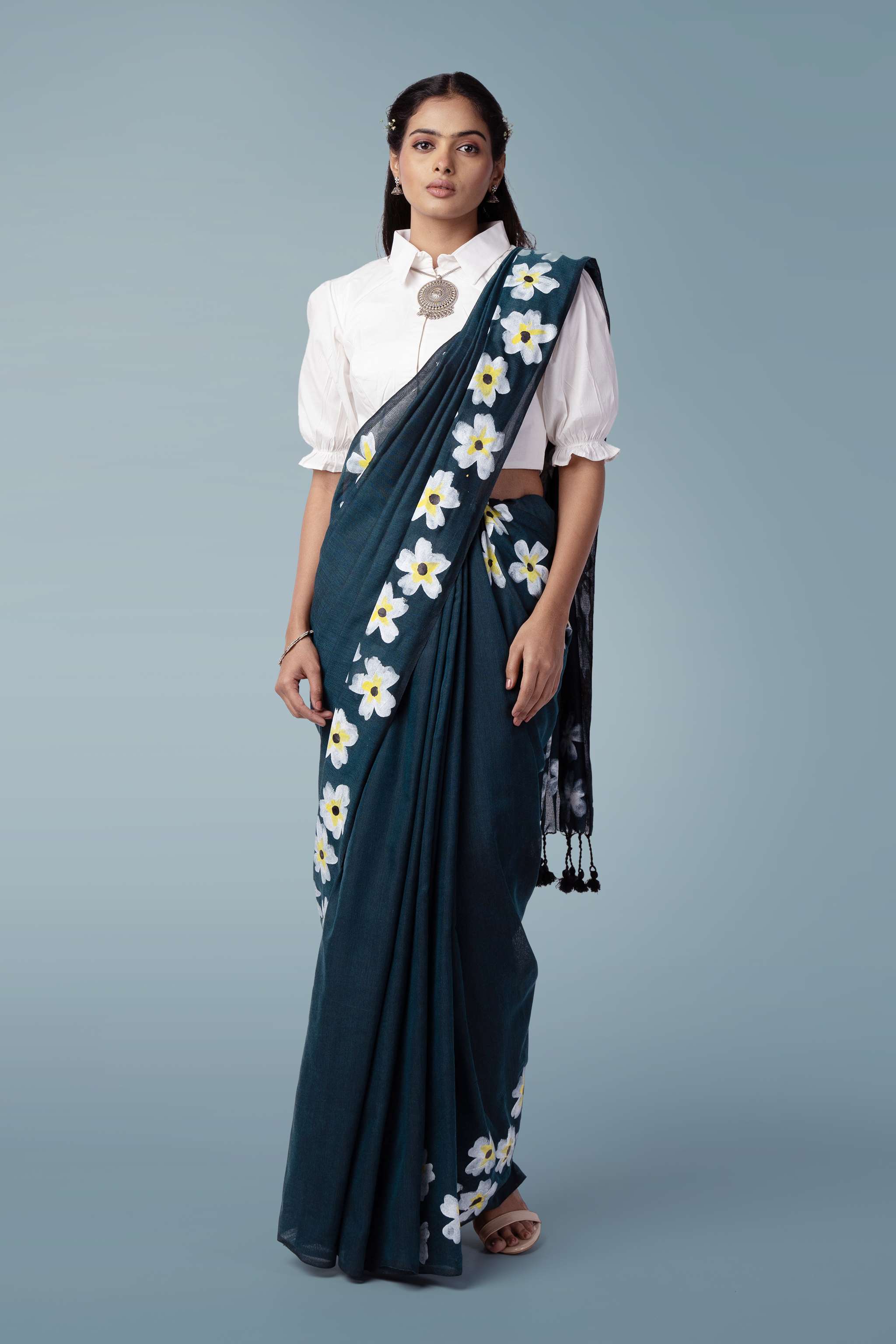 Dark Teal Blue Ultra-light Handspun Handpainted Khadi Saree