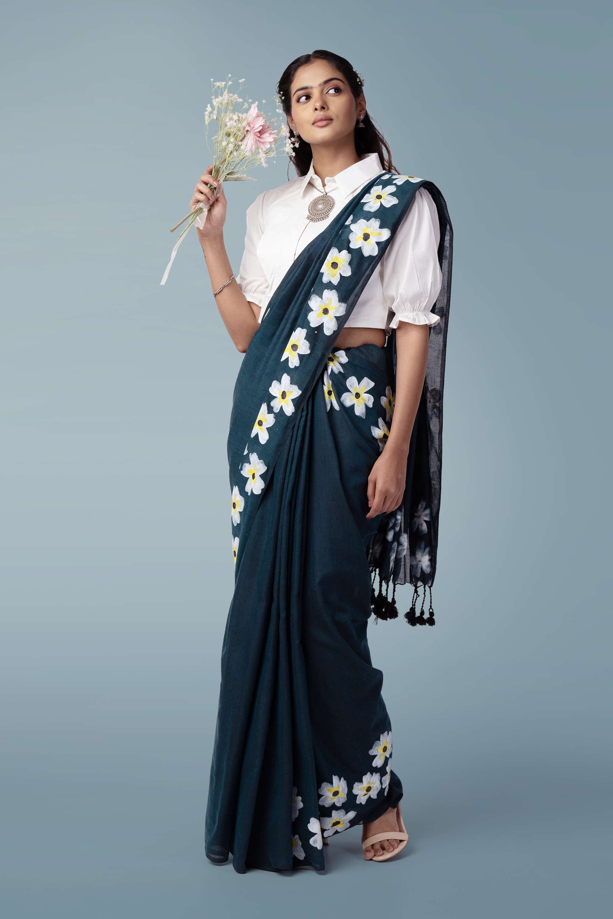 Dark Teal Blue Ultra-light Handspun Handpainted Khadi Saree