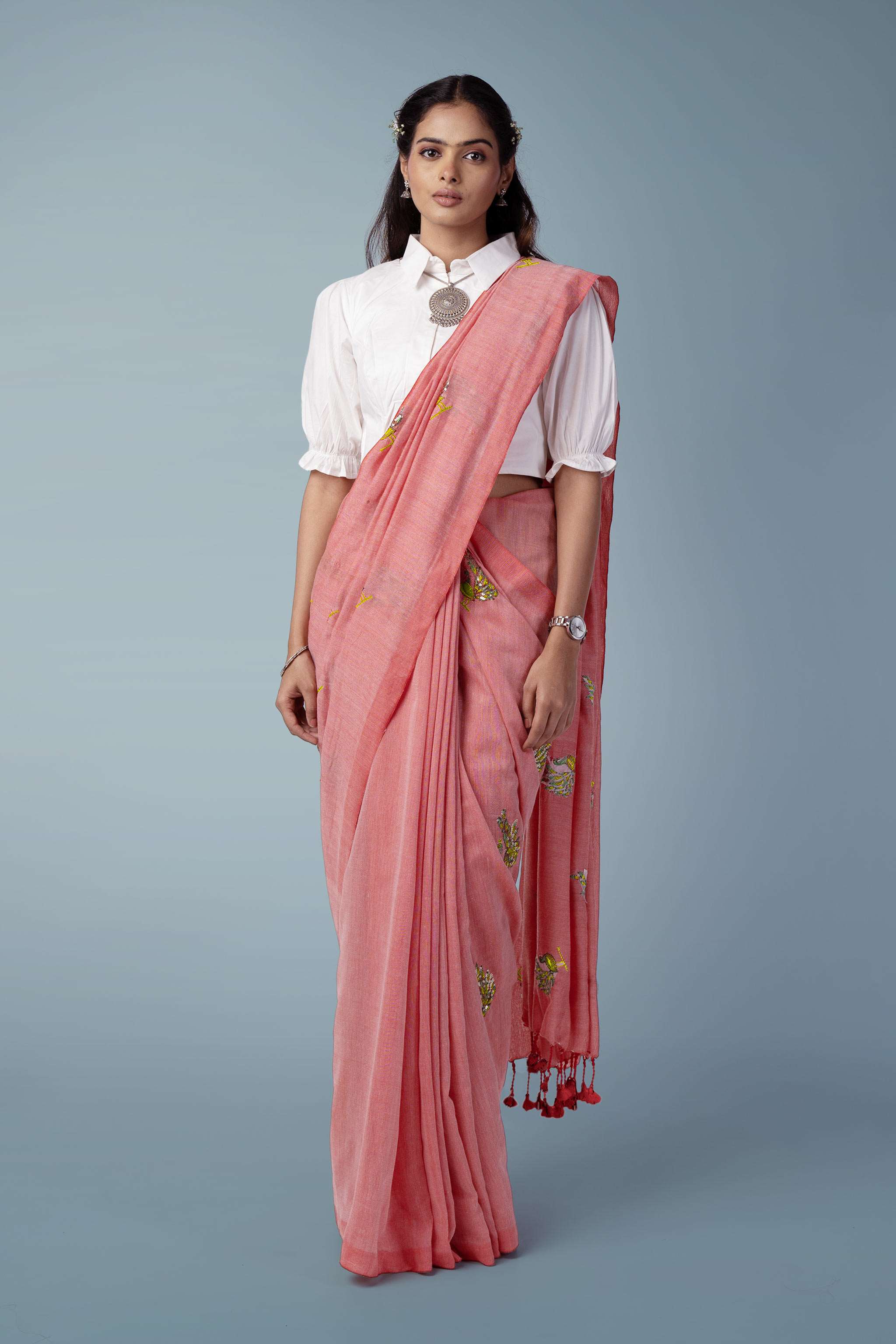 Blush Pink Ultra-light Handspun Khadi Embroidered Saree