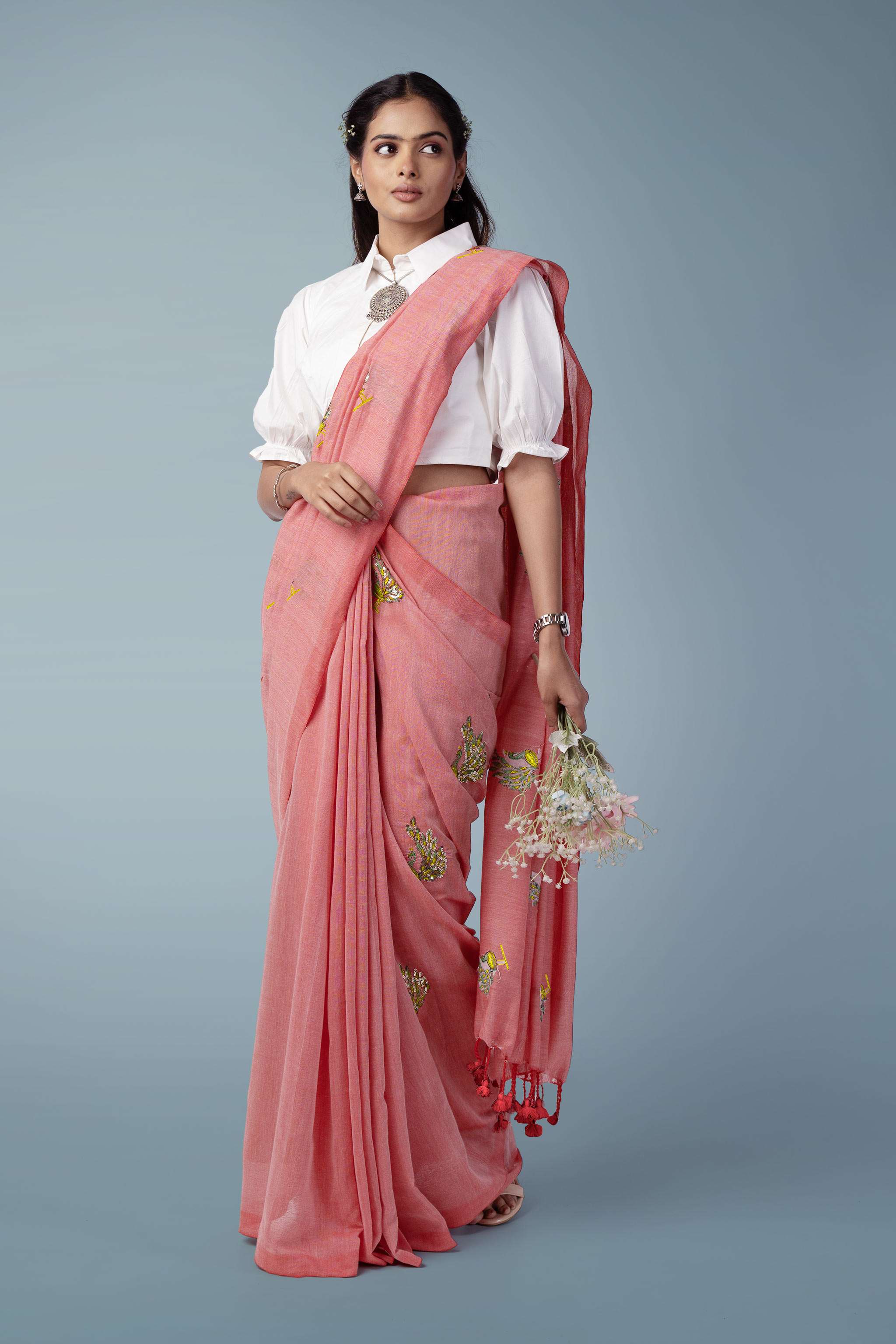 Blush Pink Ultra-light Handspun Khadi Embroidered Saree