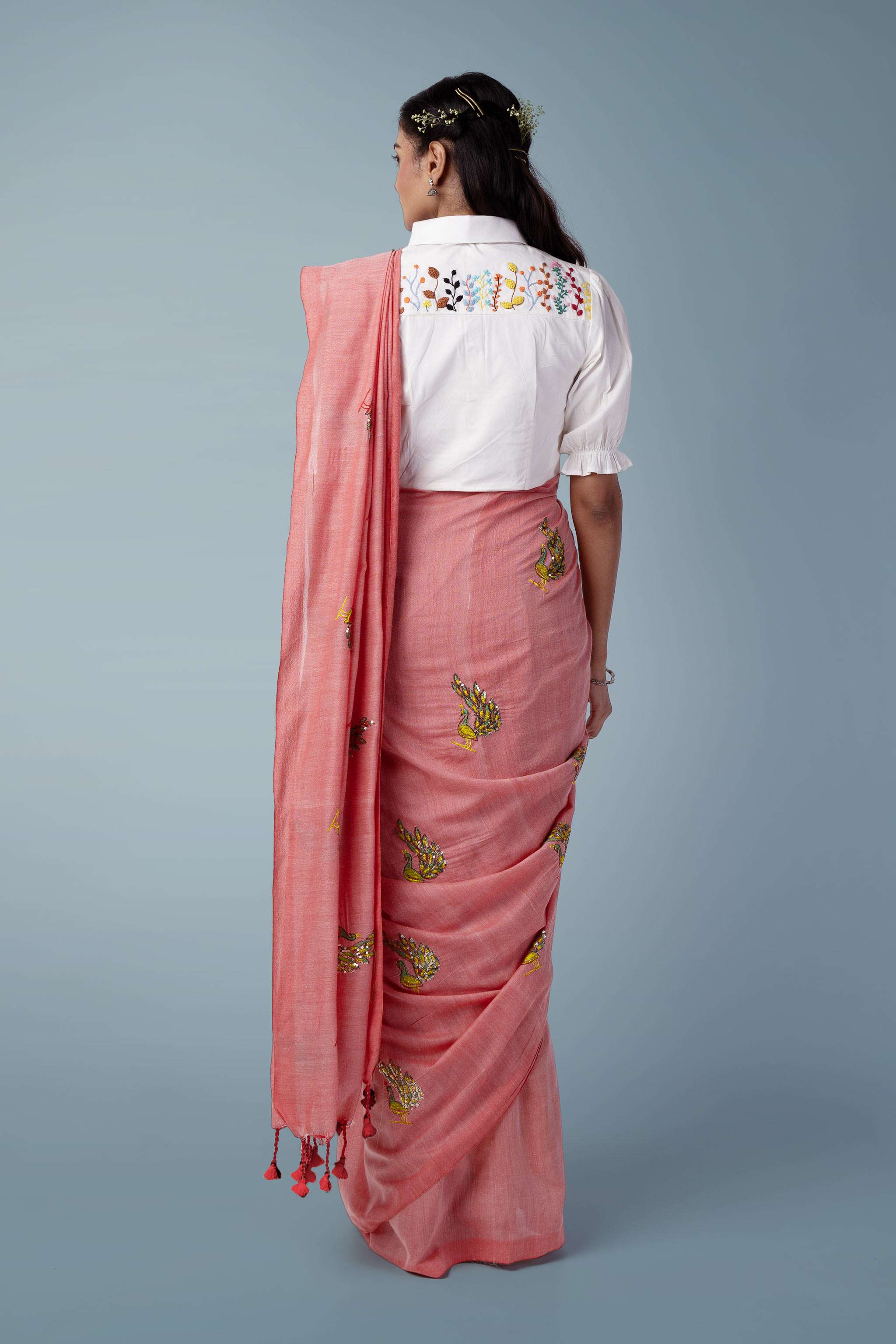 Blush Pink Ultra-light Handspun Khadi Embroidered Saree