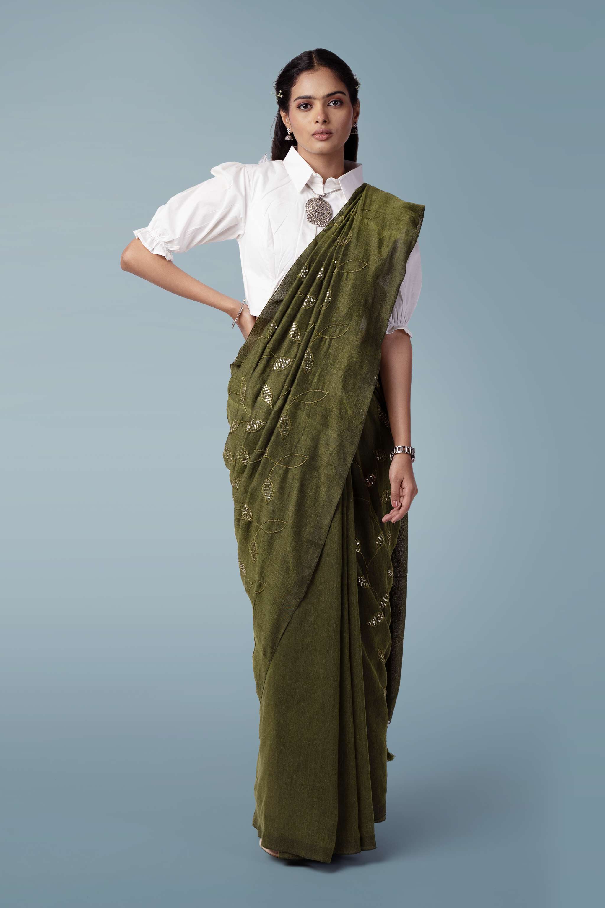 Pine Green Ultra-light Handspun Khadi Saree