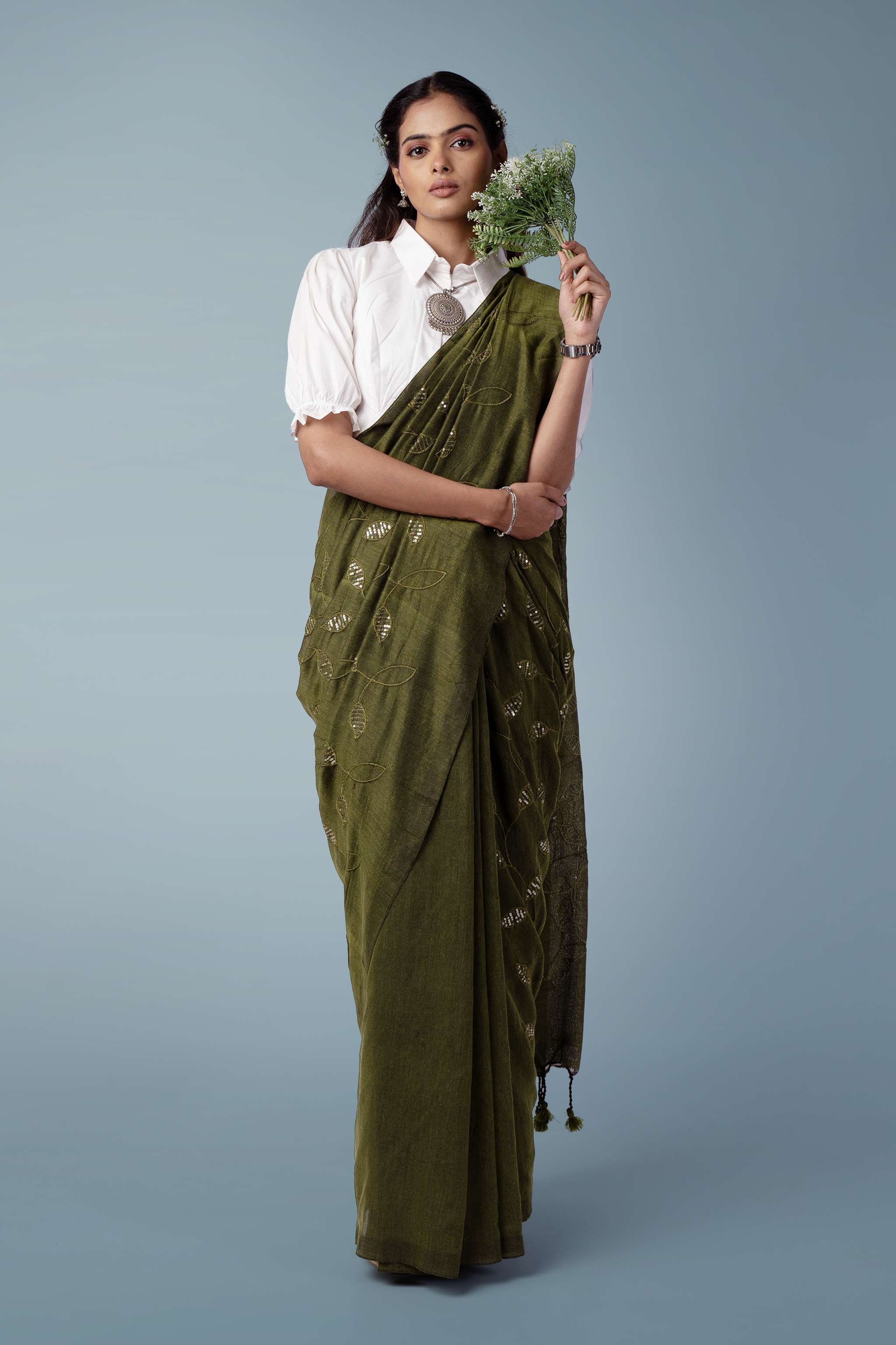 Pine Green Ultra-light Handspun Khadi Saree