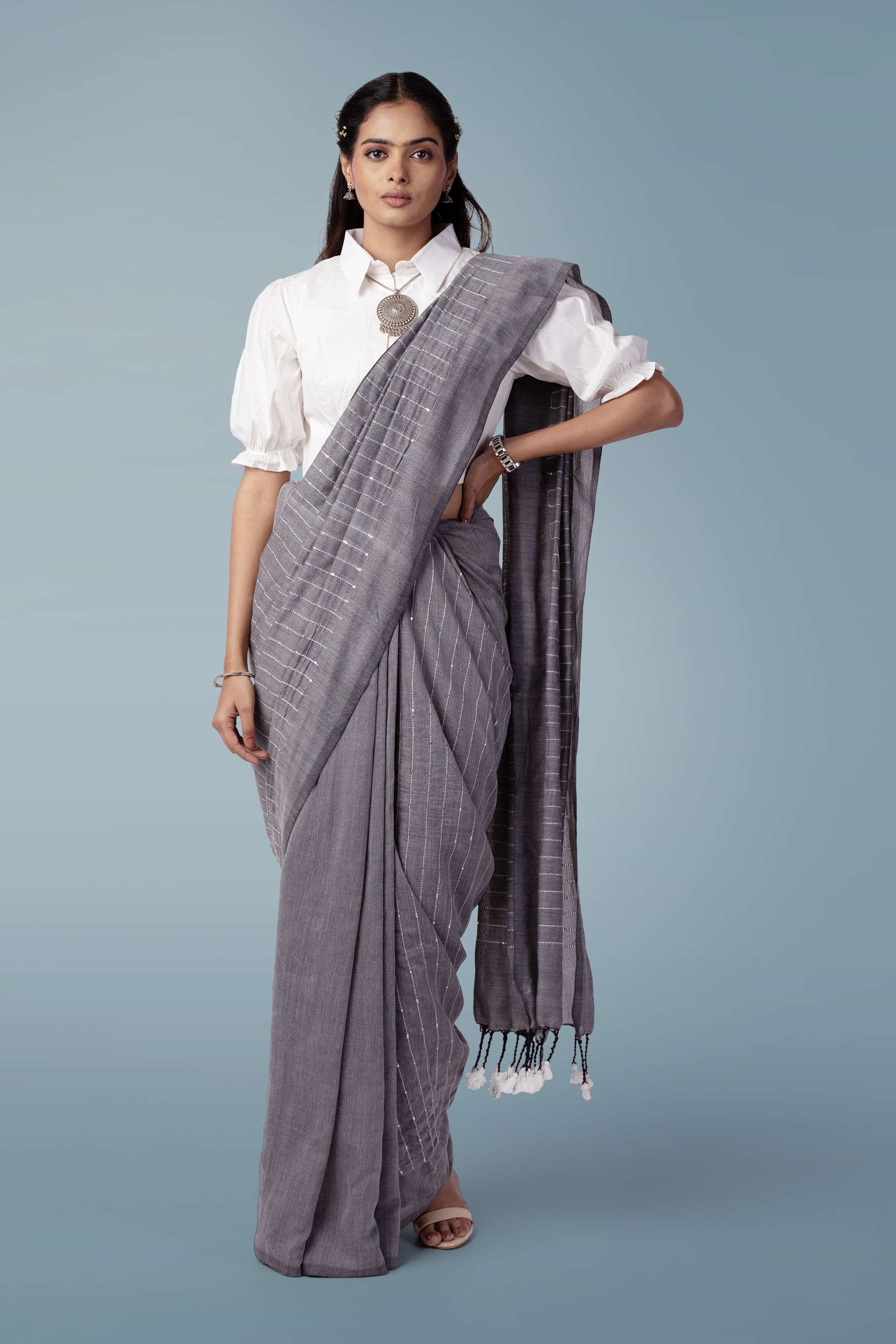 Smoke Grey Ultra-light Handspun Khadi Saree