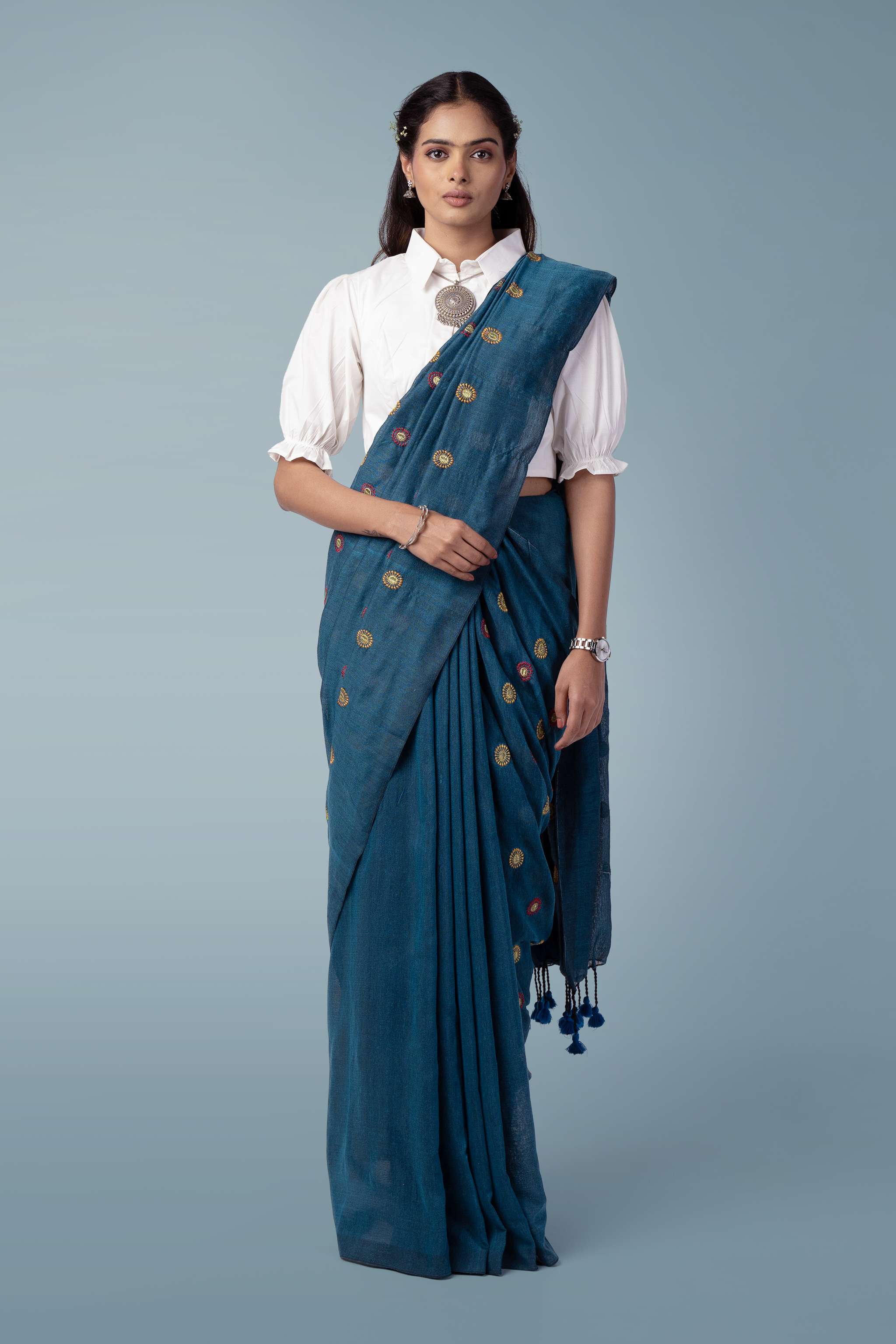 Teal Blue Ultra-light Handspun Khadi Embroidered Saree