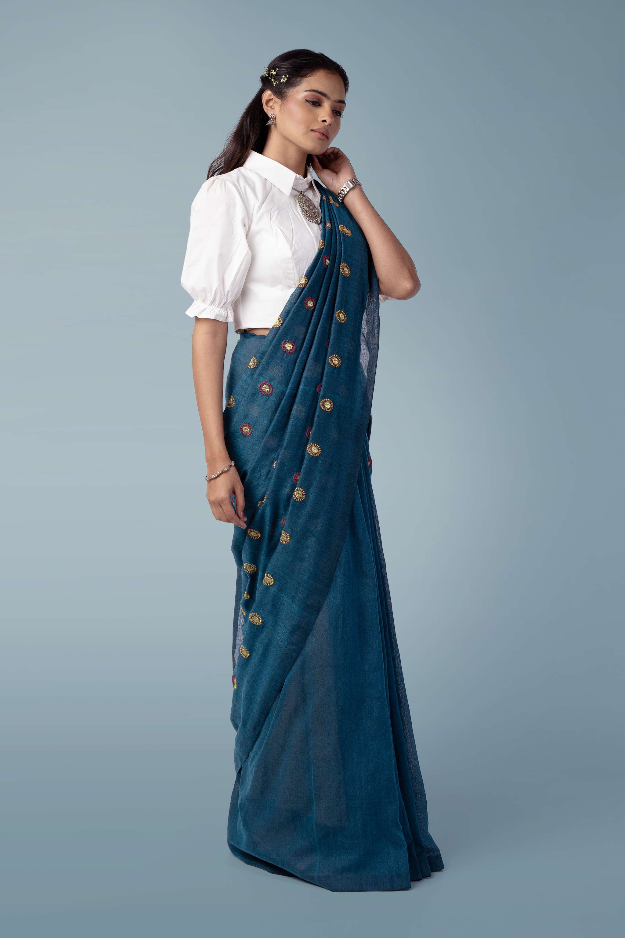 Teal Blue Ultra-light Handspun Khadi Embroidered Saree