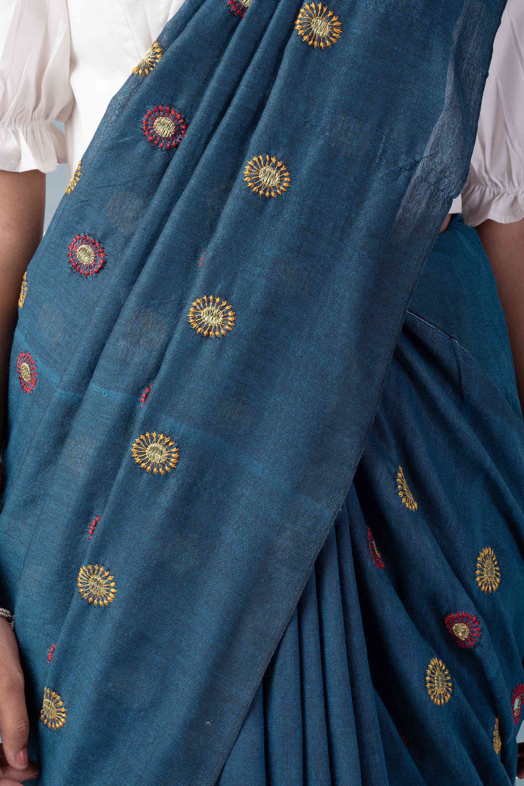 Teal Blue Ultra-light Handspun Khadi Embroidered Saree