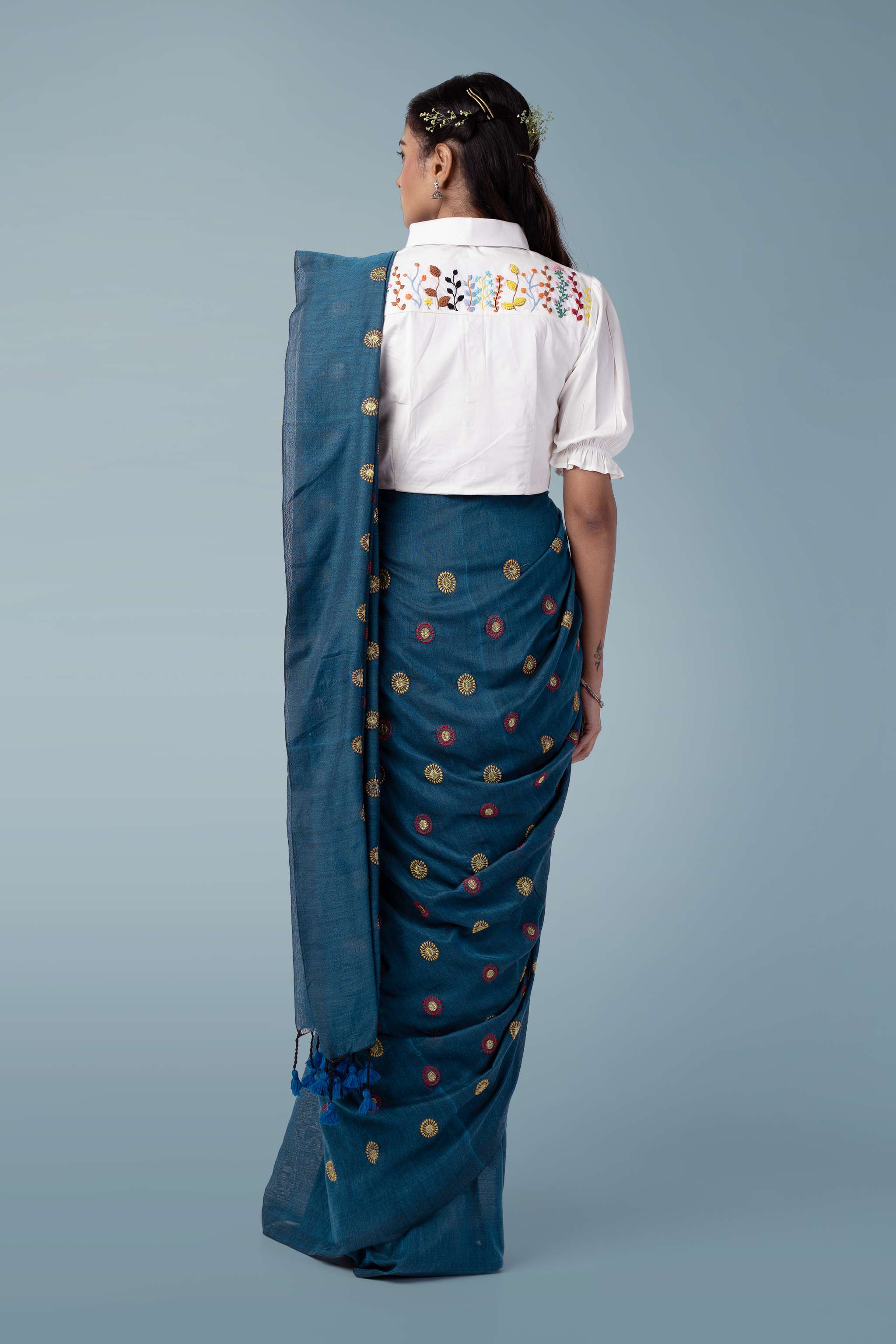 Teal Blue Ultra-light Handspun Khadi Embroidered Saree