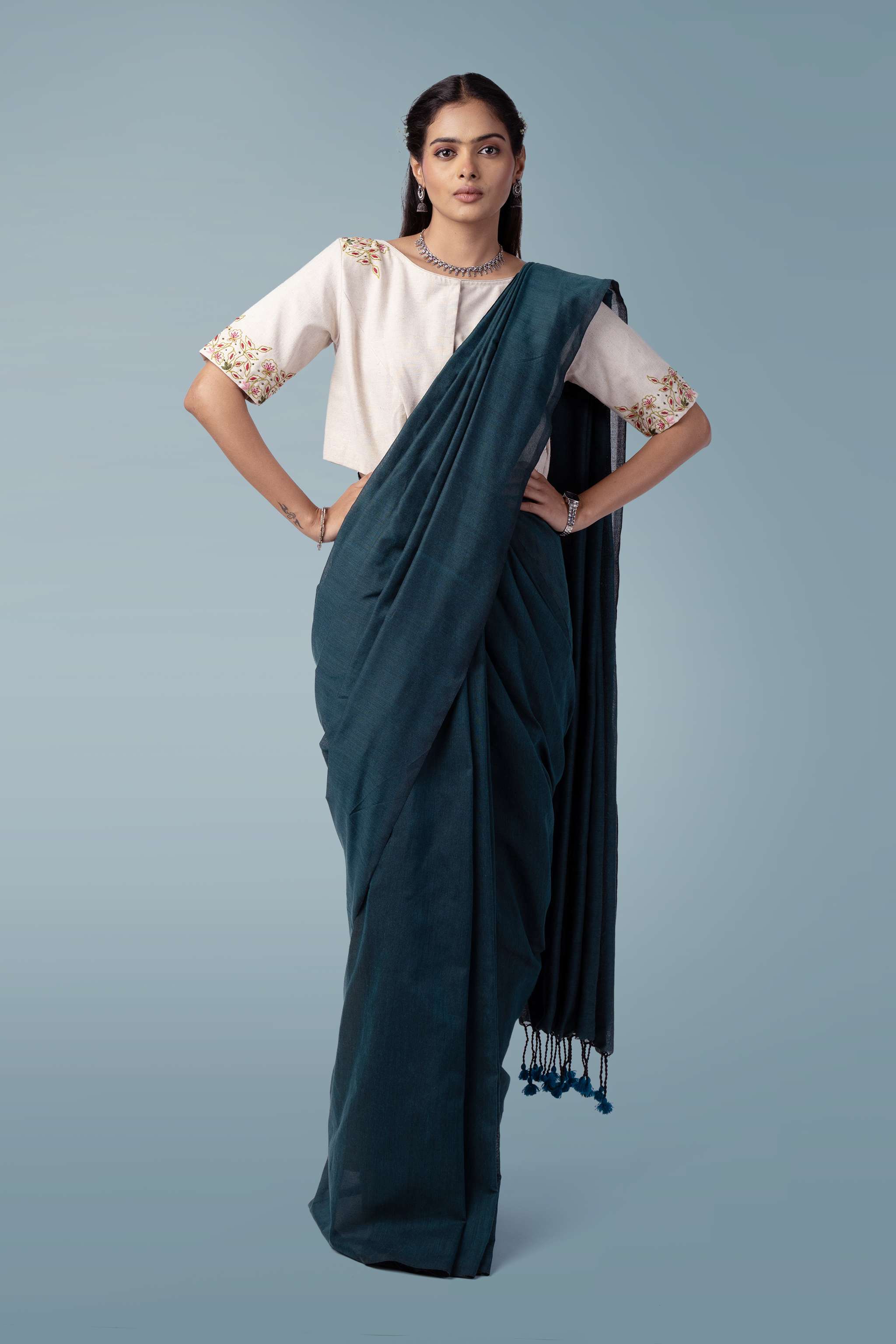 Solid deep teal Handspun Khadi Saree