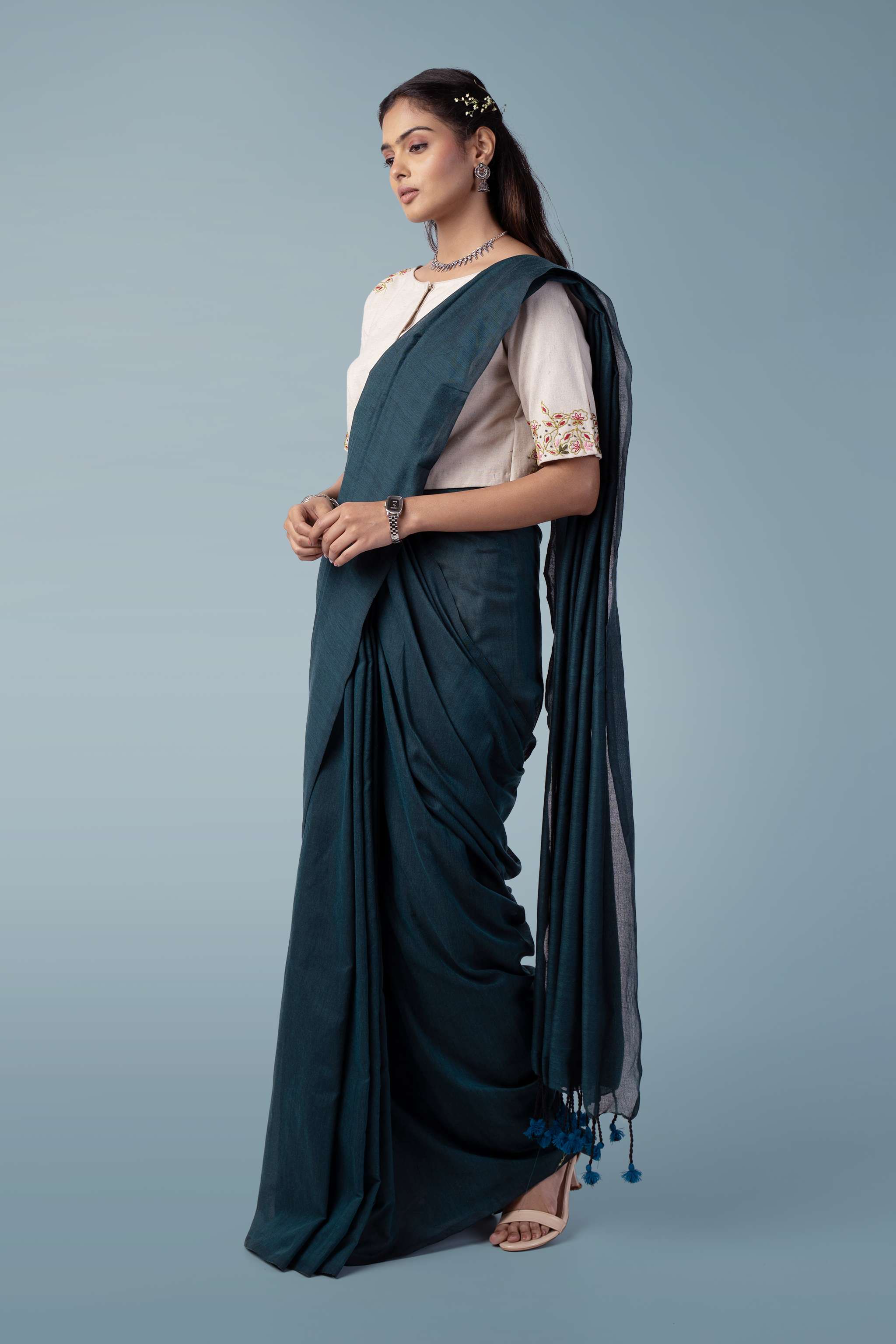 Solid deep teal Handspun Khadi Saree